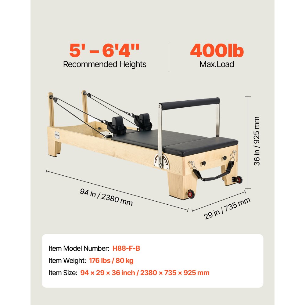 VEVOR Reformer de Pilates de Madera Máquina de Pilates para Gimnasio en Casa Equipo de Pilates Doble Resistencia Resorte y Cuerda Reformador con Cajón para Sentarse Hasta 181,4 kg, 238x73,5x92,5 cm