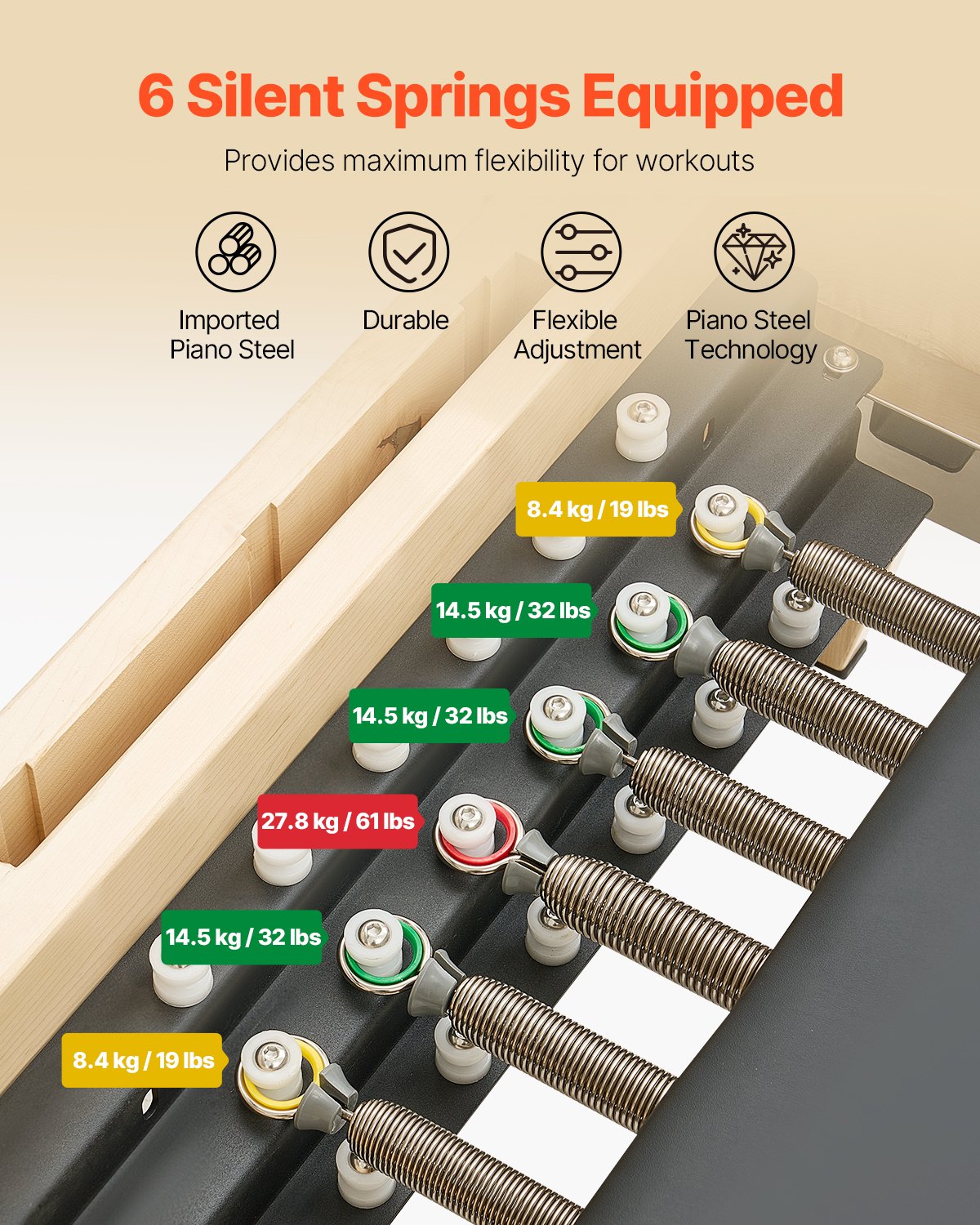 VEVOR Reformer de Pilates de Madera Máquina de Pilates para Gimnasio en Casa Equipo de Pilates Doble Resistencia Resorte y Cuerda Reformador con Cajón para Sentarse Hasta 181,4 kg, 238x73,5x92,5 cm
