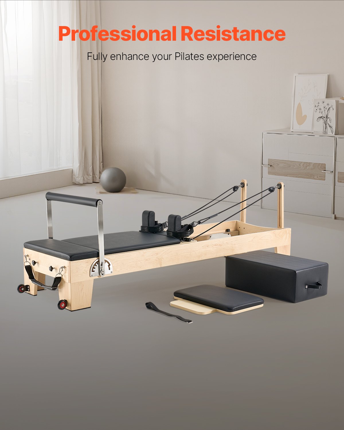 VEVOR Reformer de Pilates de Madera Máquina de Pilates para Gimnasio en Casa Equipo de Pilates Doble Resistencia Resorte y Cuerda Reformador con Cajón para Sentarse Hasta 181,4 kg, 238x73,5x92,5 cm