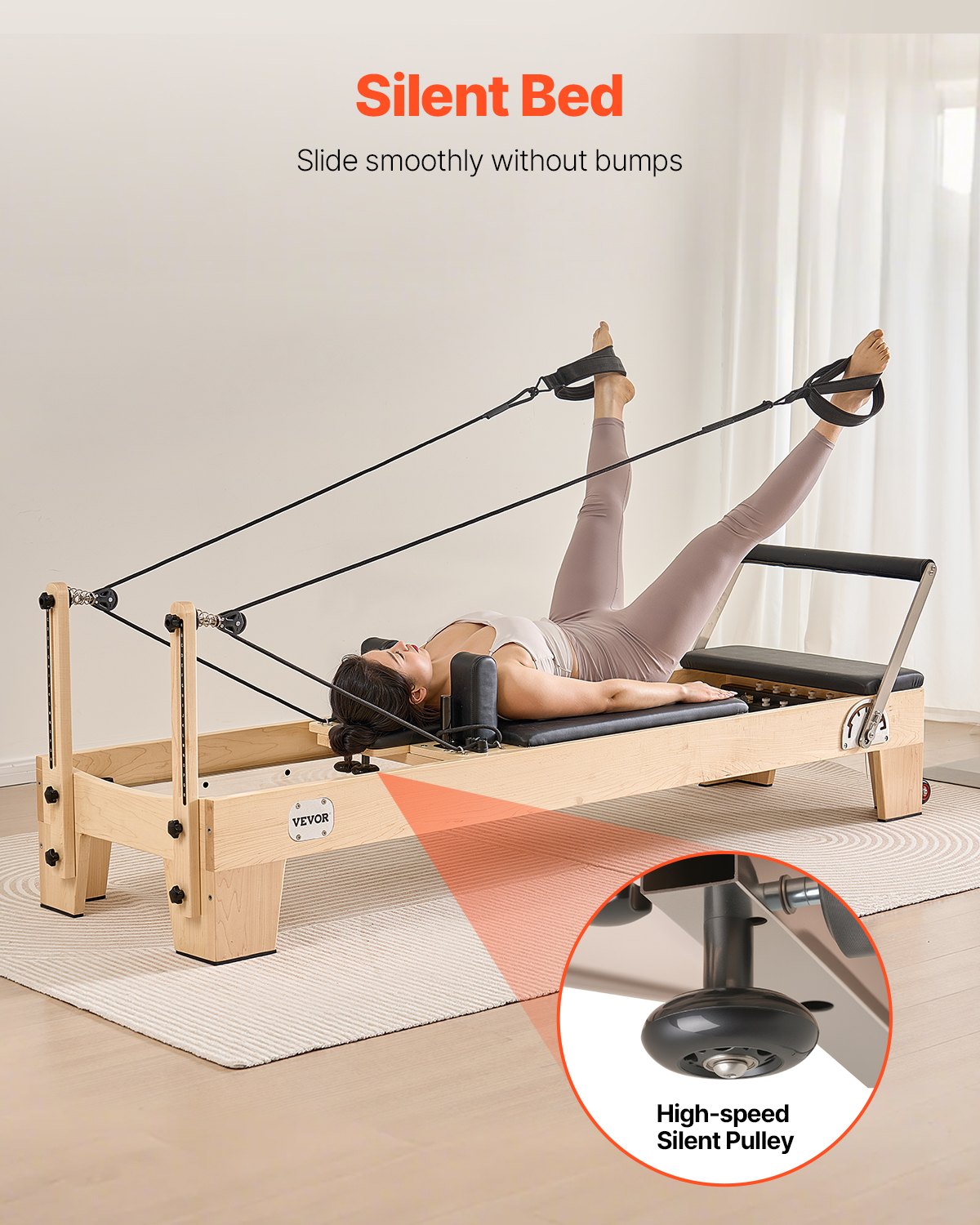 VEVOR Reformer de Pilates de Madera Máquina de Pilates para Gimnasio en Casa Equipo de Pilates Doble Resistencia Resorte y Cuerda Reformador con Cajón para Sentarse Hasta 181,4 kg, 238x73,5x92,5 cm