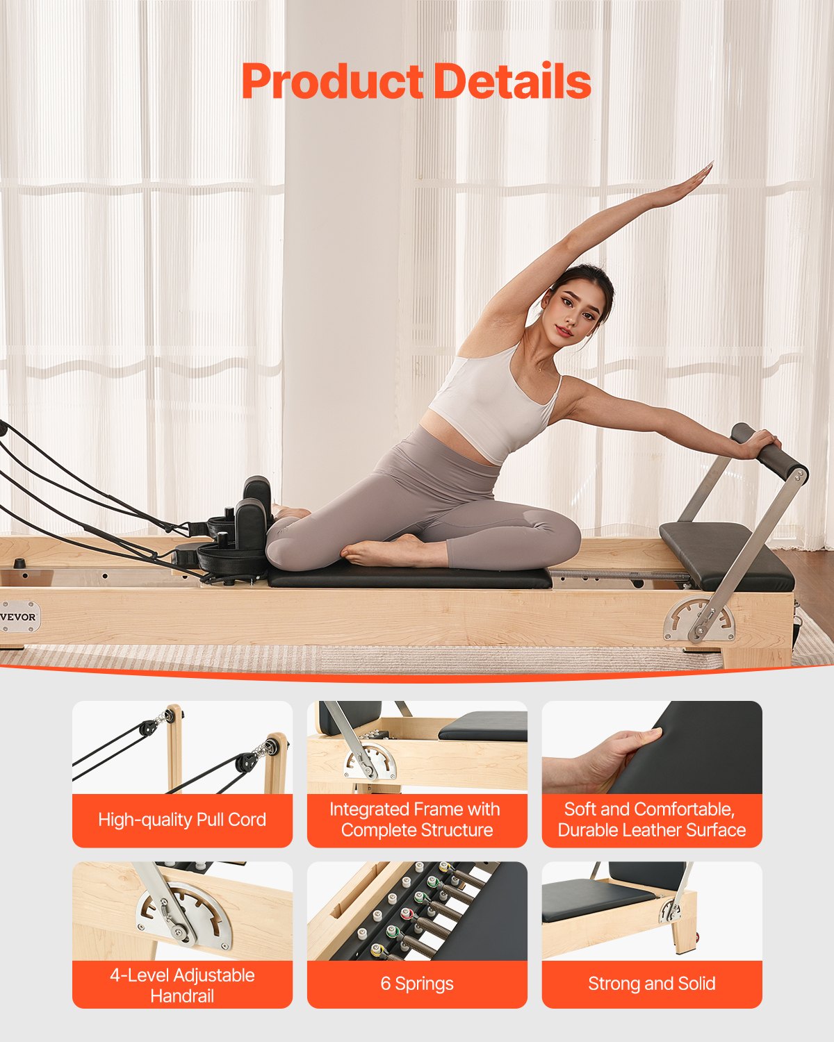 VEVOR Reformer de Pilates de Madera Máquina de Pilates para Gimnasio en Casa Equipo de Pilates Doble Resistencia Resorte y Cuerda Reformador con Cajón para Sentarse Hasta 181,4 kg, 238x73,5x92,5 cm