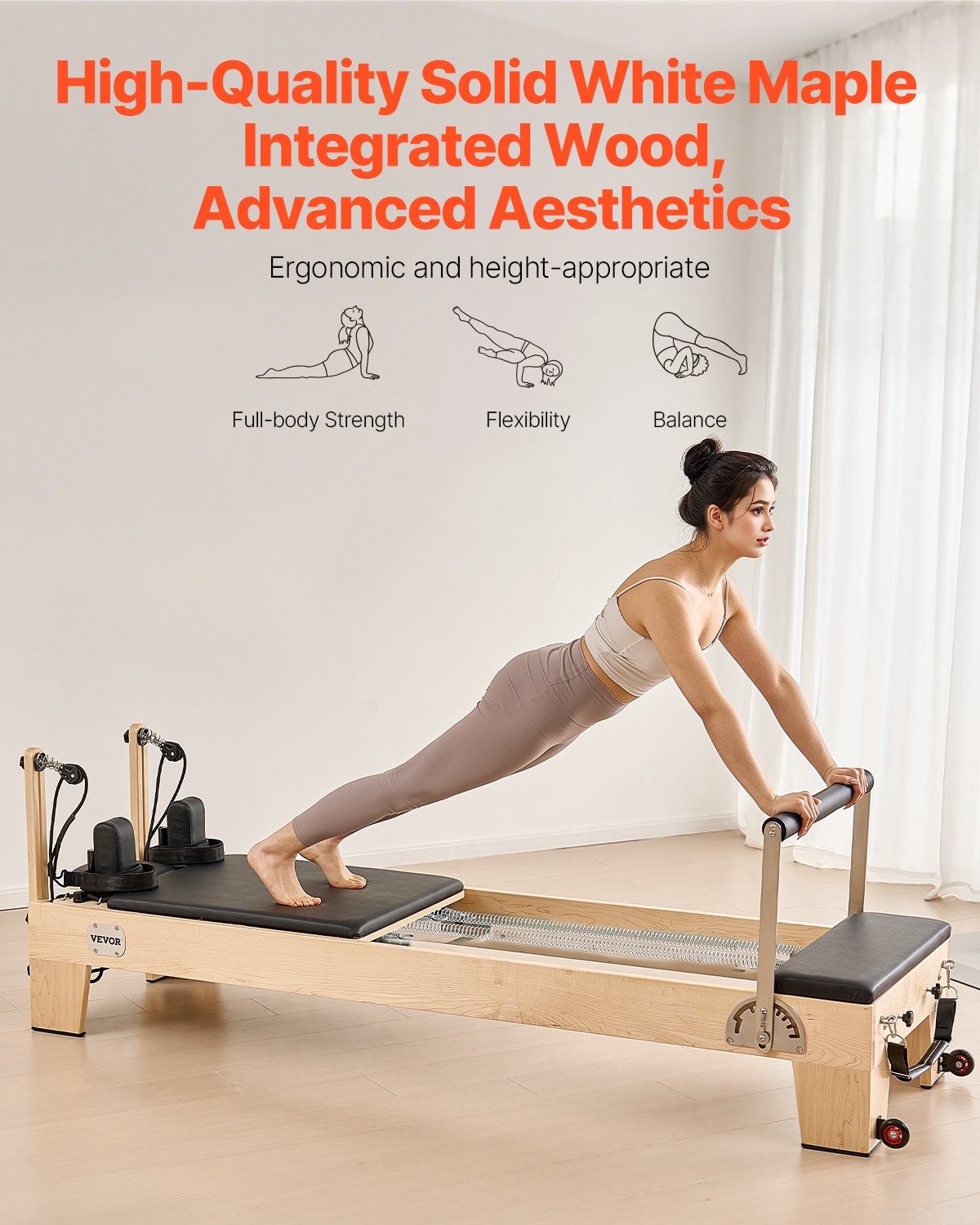 VEVOR Reformer de Pilates de Madera Máquina de Pilates para Gimnasio en Casa Equipo de Pilates Doble Resistencia Resorte y Cuerda Reformador con Cajón para Sentarse Hasta 181,4 kg, 238x73,5x92,5 cm