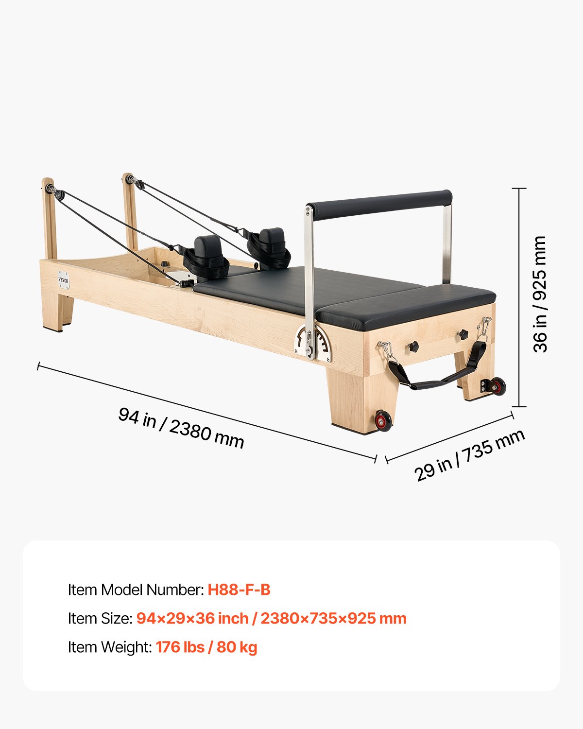 VEVOR Reformer de Pilates de Madera Máquina de Pilates para Gimnasio en Casa Equipo de Pilates Doble Resistencia Resorte y Cuerda Reformador con Cajón para Sentarse Hasta 181,4 kg, 238x73,5x92,5 cm