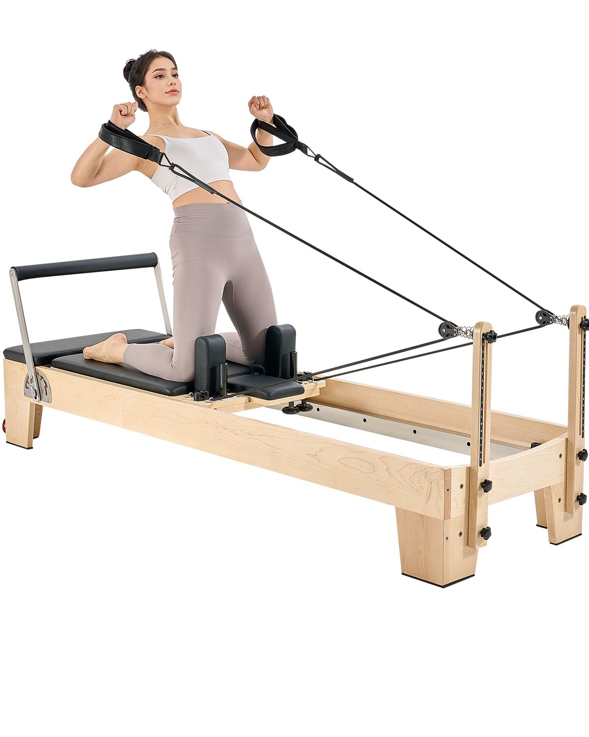 VEVOR Reformer de Pilates de Madera Máquina de Pilates para Gimnasio en Casa Equipo de Pilates Doble Resistencia Resorte y Cuerda Reformador con Cajón para Sentarse Hasta 181,4 kg, 238x73,5x92,5 cm
