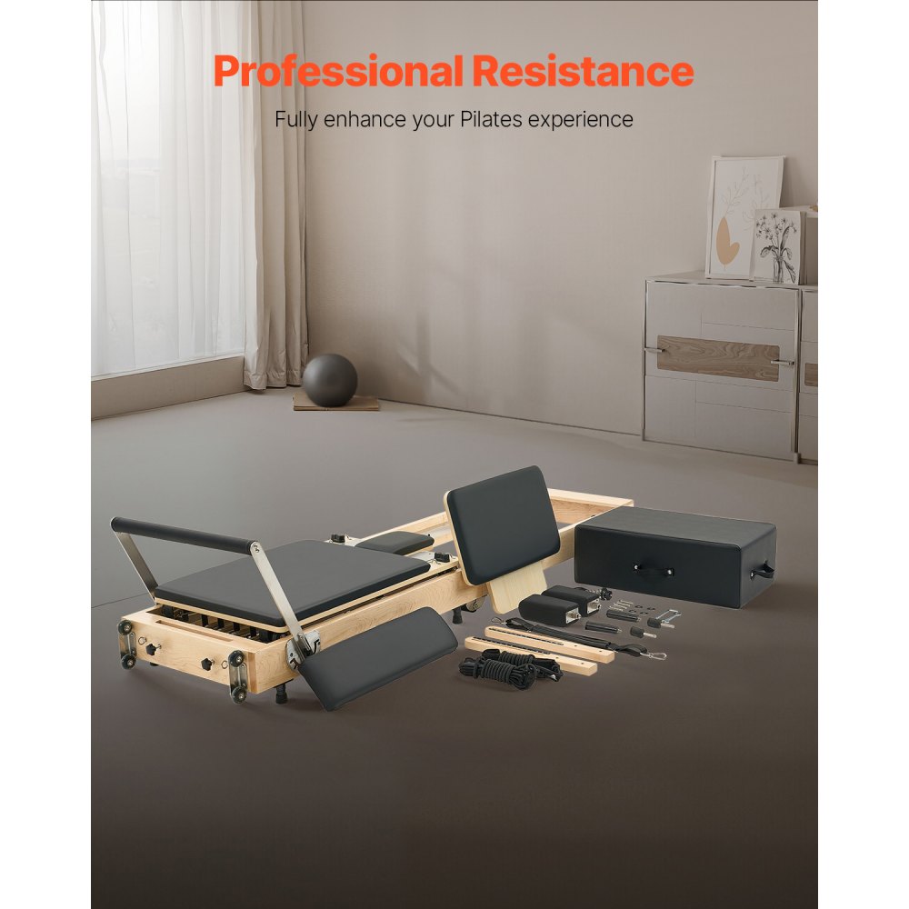 VEVOR Reformer de Pilates Plegable de Madera Máquina de Pilates para Gimnasio Equipo de Pilates Doble Resistencia Resorte y Cuerda Reformador con Caja para Sentarse Hasta 181,4kg, 238 x 68 x 57 cm