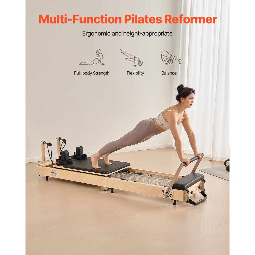 VEVOR Reformer de Pilates Plegable de Madera Máquina de Pilates para Gimnasio Equipo de Pilates Doble Resistencia Resorte y Cuerda Reformador con Caja para Sentarse Hasta 181,4kg, 238 x 68 x 57 cm