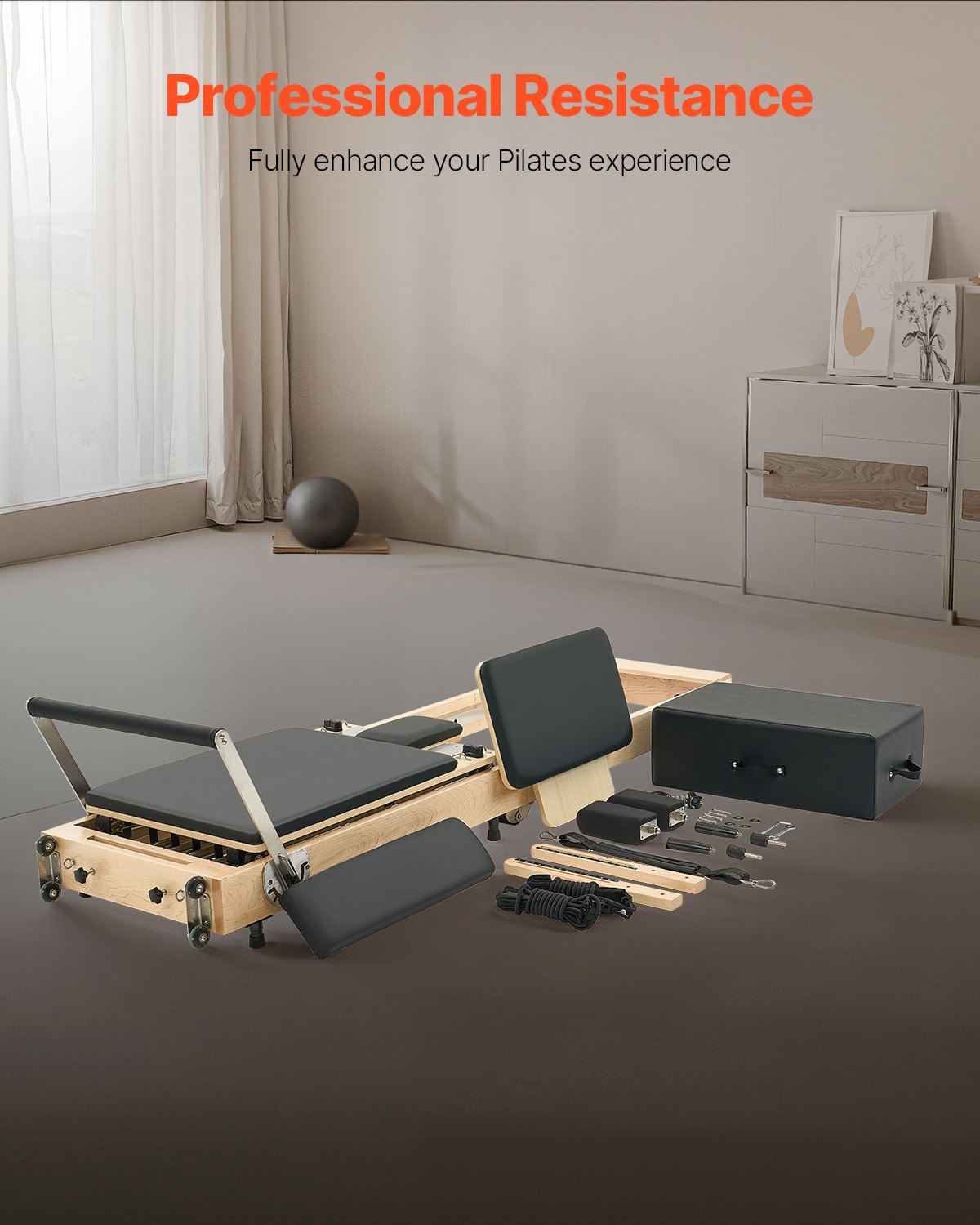 VEVOR Reformer de Pilates Plegable de Madera Máquina de Pilates para Gimnasio Equipo de Pilates Doble Resistencia Resorte y Cuerda Reformador con Caja para Sentarse Hasta 181,4kg, 238 x 68 x 57 cm