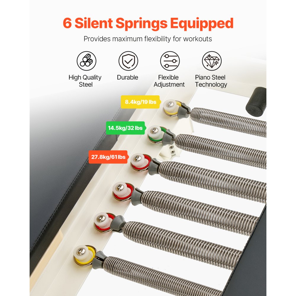 VEVOR Reformer de Pilates de Aleación de Aluminio Máquina de Pilates para Gimnasio con Cajón para Sentarse Equipo de Pilates Doble Resistencia Resorte y Cuerda Reformador Hasta 181,4kg, 245x71x93 cm