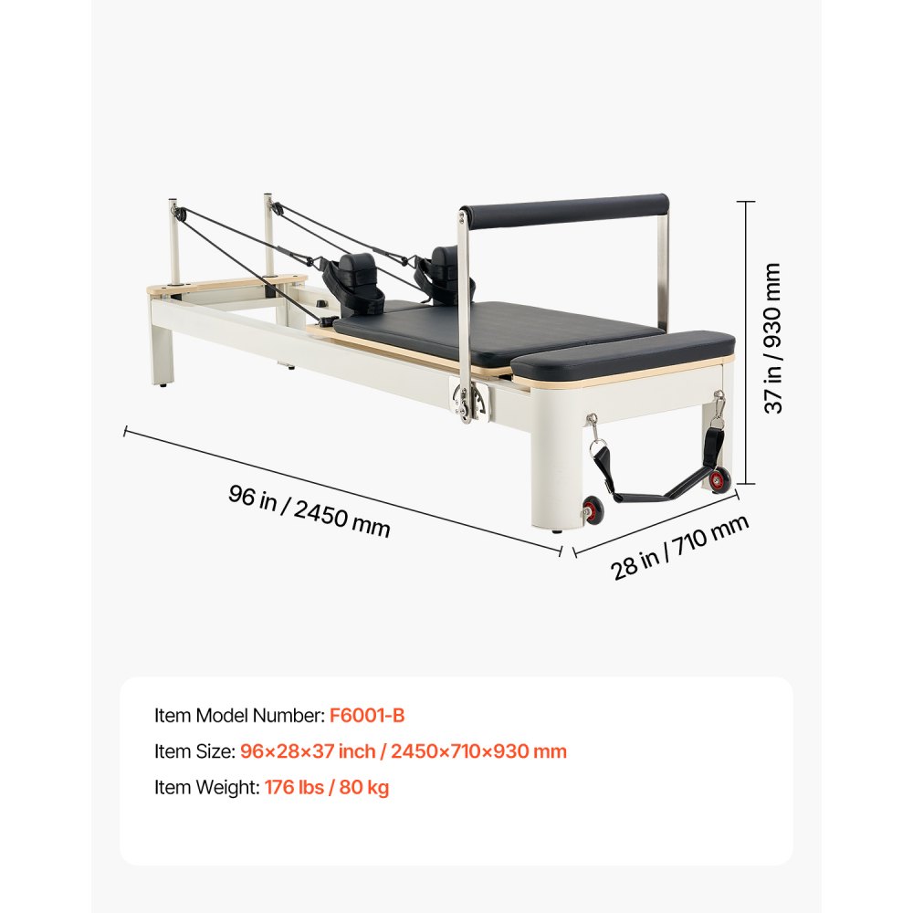 VEVOR Reformer de Pilates de Aleación de Aluminio Máquina de Pilates para Gimnasio con Cajón para Sentarse Equipo de Pilates Doble Resistencia Resorte y Cuerda Reformador Hasta 181,4kg, 245x71x93 cm