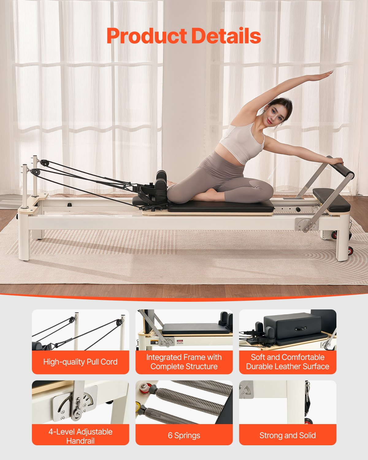 VEVOR Reformer de Pilates de Aleación de Aluminio Máquina de Pilates para Gimnasio con Cajón para Sentarse Equipo de Pilates Doble Resistencia Resorte y Cuerda Reformador Hasta 181,4kg, 245x71x93 cm