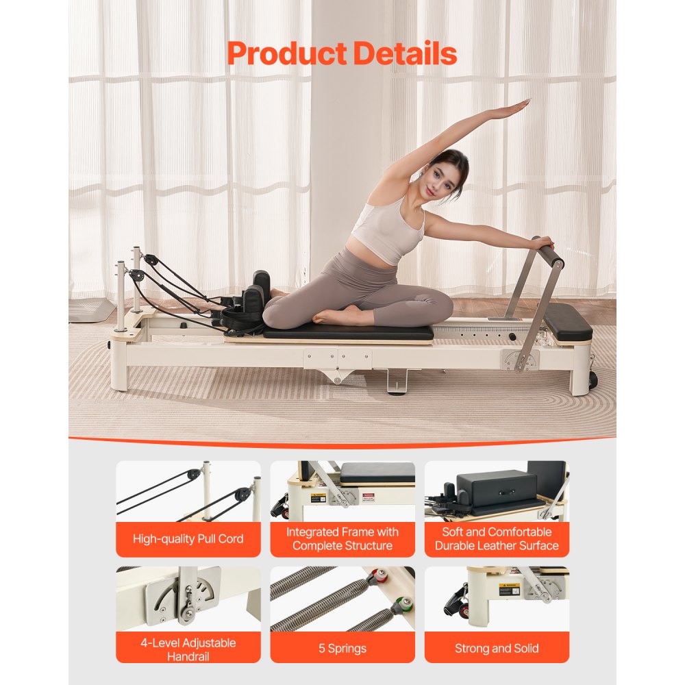 VEVOR Reformer de Pilates Plegable de Aleación de Aluminio Máquina de Pilates para Gimnasio con Cajón para Sentarse Equipo de Pilates Doble Resistencia Resorte y Cuerda Hasta 181,4kg, 221,5x70x83 cm
