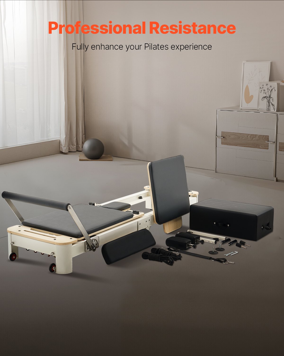 VEVOR Reformer de Pilates Plegable de Aleación de Aluminio Máquina de Pilates para Gimnasio con Cajón para Sentarse Equipo de Pilates Doble Resistencia Resorte y Cuerda Hasta 181,4kg, 221,5x70x83 cm