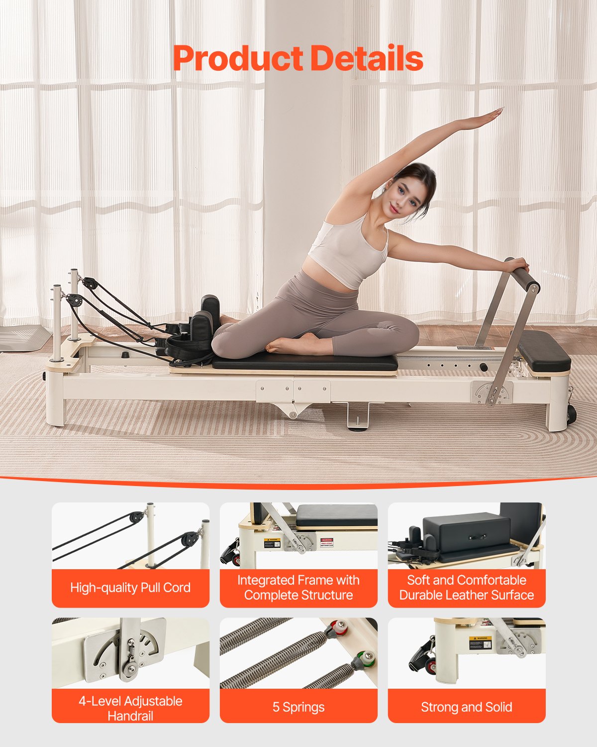 VEVOR Reformer de Pilates Plegable de Aleación de Aluminio Máquina de Pilates para Gimnasio con Cajón para Sentarse Equipo de Pilates Doble Resistencia Resorte y Cuerda Hasta 181,4kg, 221,5x70x83 cm