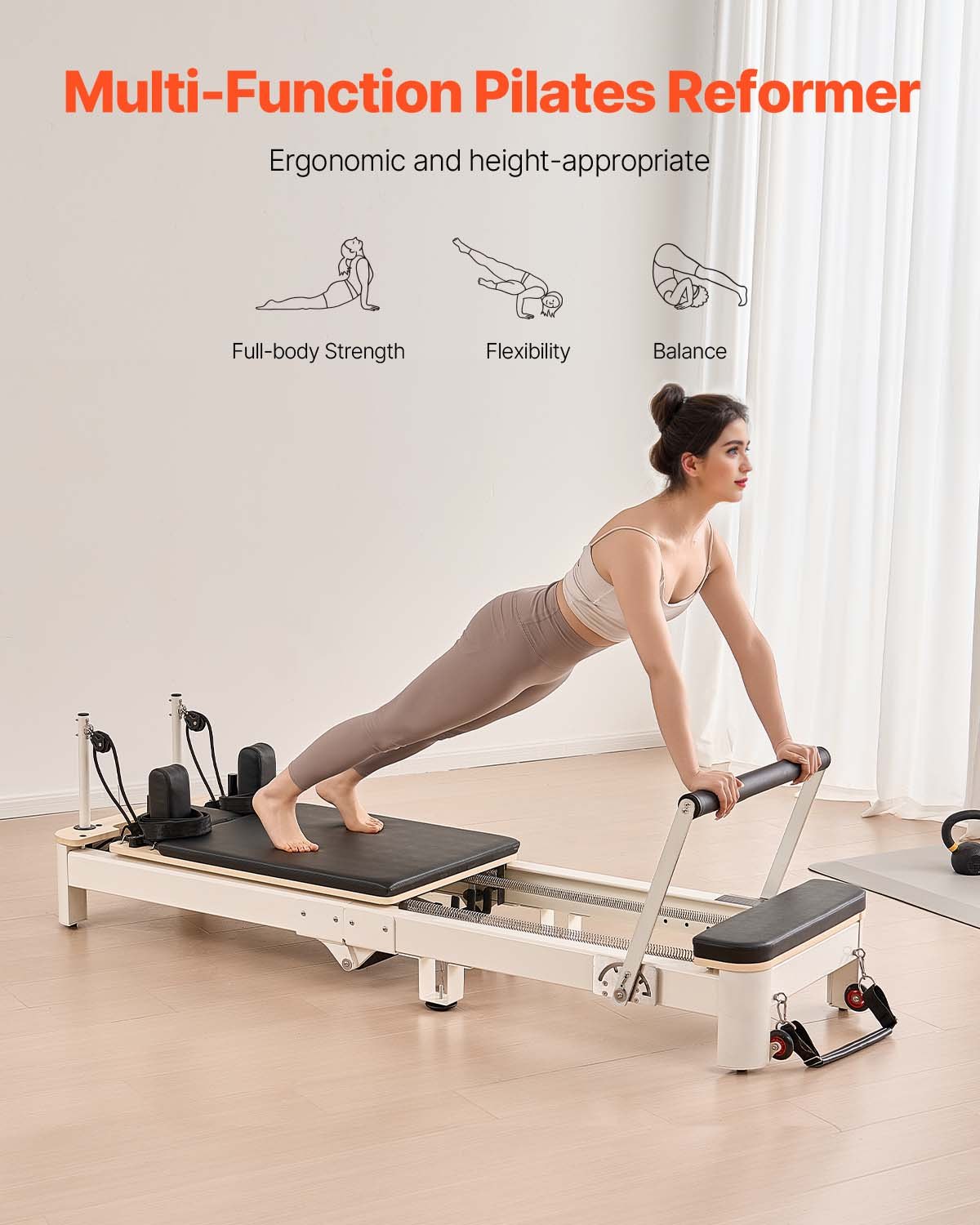 VEVOR Reformer de Pilates Plegable de Aleación de Aluminio Máquina de Pilates para Gimnasio con Cajón para Sentarse Equipo de Pilates Doble Resistencia Resorte y Cuerda Hasta 181,4kg, 221,5x70x83 cm