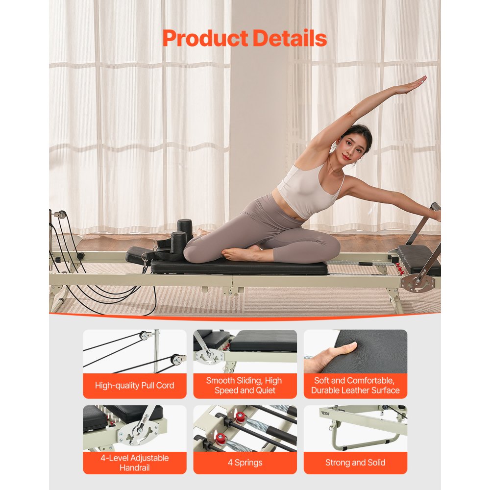 VEVOR Reformer de Pilates Plegable Máquina de Pilates para Gimnasio en Casa Equipo de Pilates Doble Resistencia Resorte y Cuerda Reformador para Avanzados Principiantes Hasta 181,4kg, 252x62x77 cm