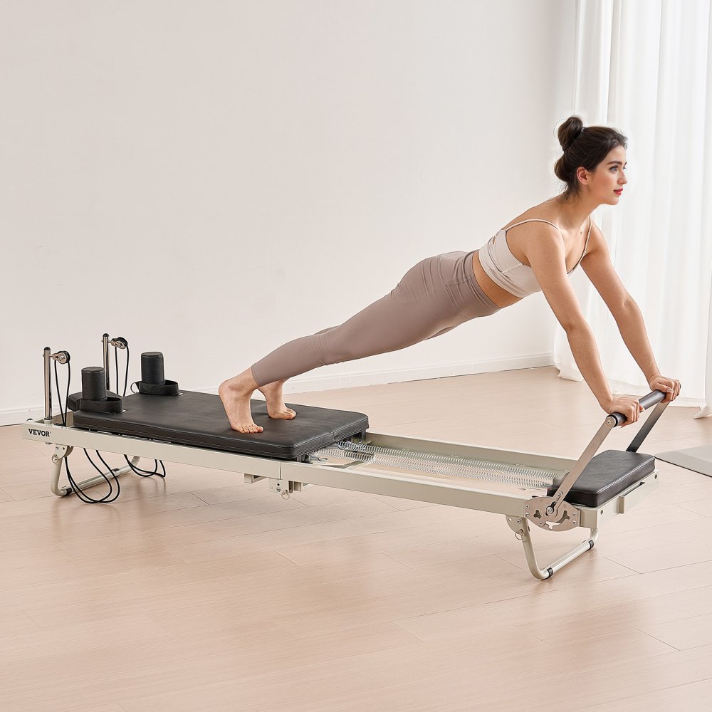 VEVOR Reformer de Pilates Plegable Máquina de Pilates para Gimnasio en Casa Equipo de Pilates Doble Resistencia Resorte y Cuerda Reformador para Avanzados Principiantes Hasta 181,4kg, 252x62x77 cm