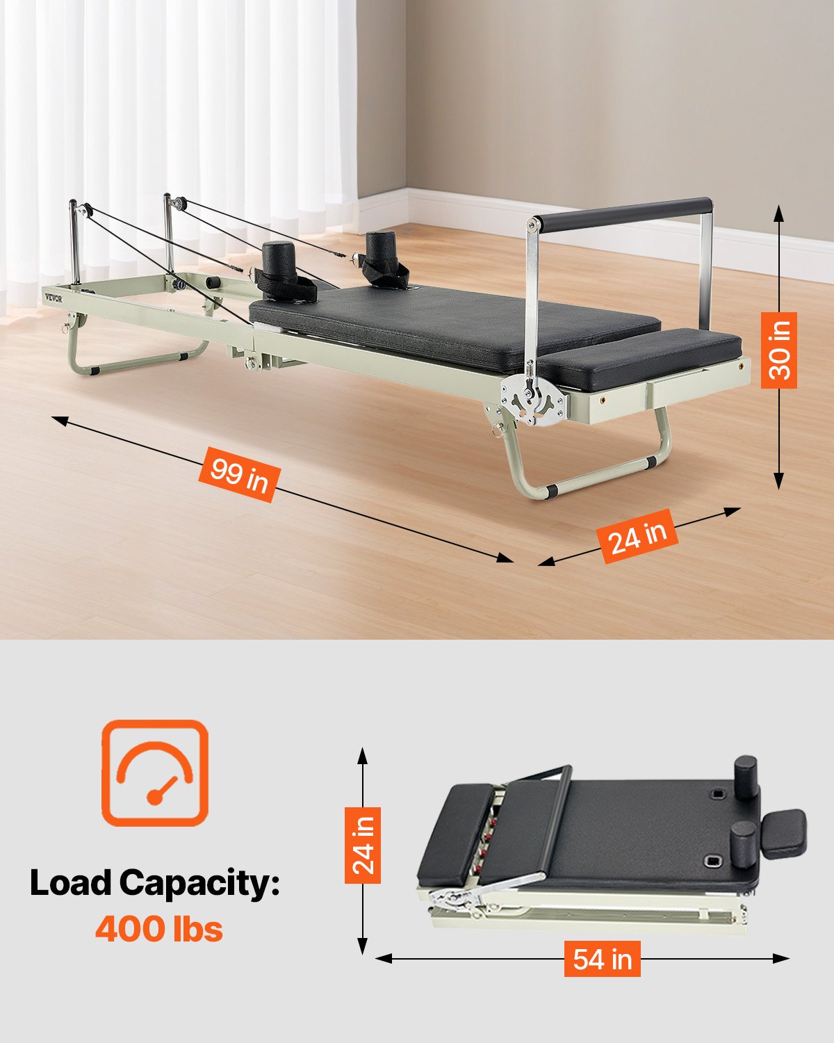 VEVOR Reformer de Pilates Plegable Máquina de Pilates para Gimnasio en Casa Equipo de Pilates Doble Resistencia Resorte y Cuerda Reformador para Avanzados Principiantes Hasta 181,4kg, 252x62x77 cm