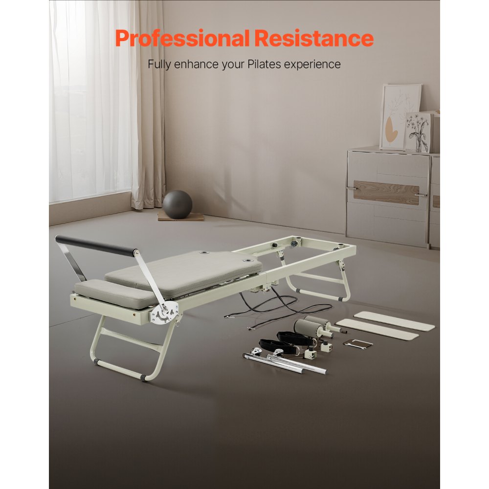 VEVOR Reformer de Pilates Plegable Máquina de Pilates para Gimnasio en Casa Equipo de Pilates Doble Resistencia Resorte y Cuerda Reformador para Avanzados Principiantes Hasta 181,4kg, 208x56x72,5 cm