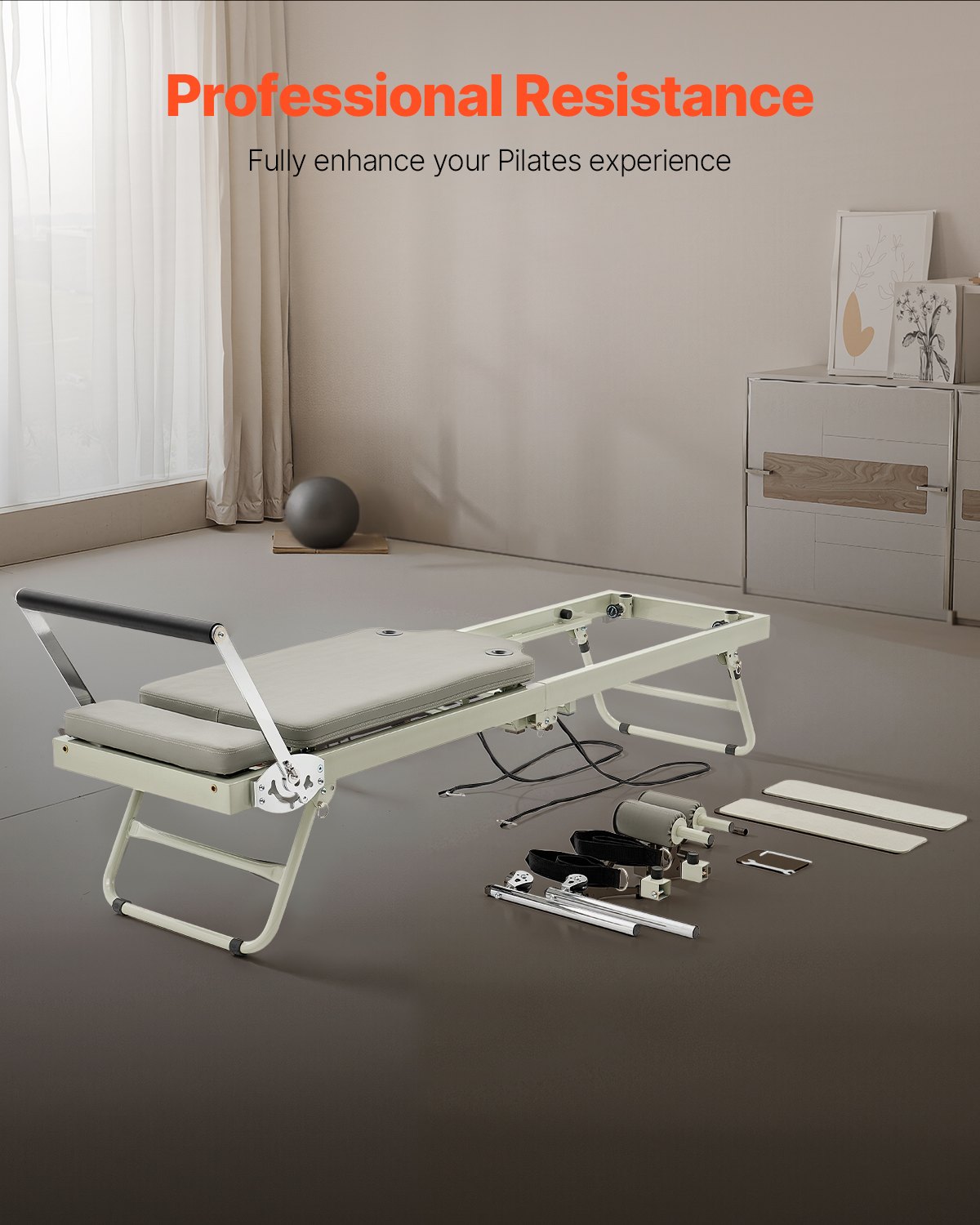 VEVOR Reformer de Pilates Plegable Máquina de Pilates para Gimnasio en Casa Equipo de Pilates Doble Resistencia Resorte y Cuerda Reformador para Avanzados Principiantes Hasta 181,4kg, 208x56x72,5 cm
