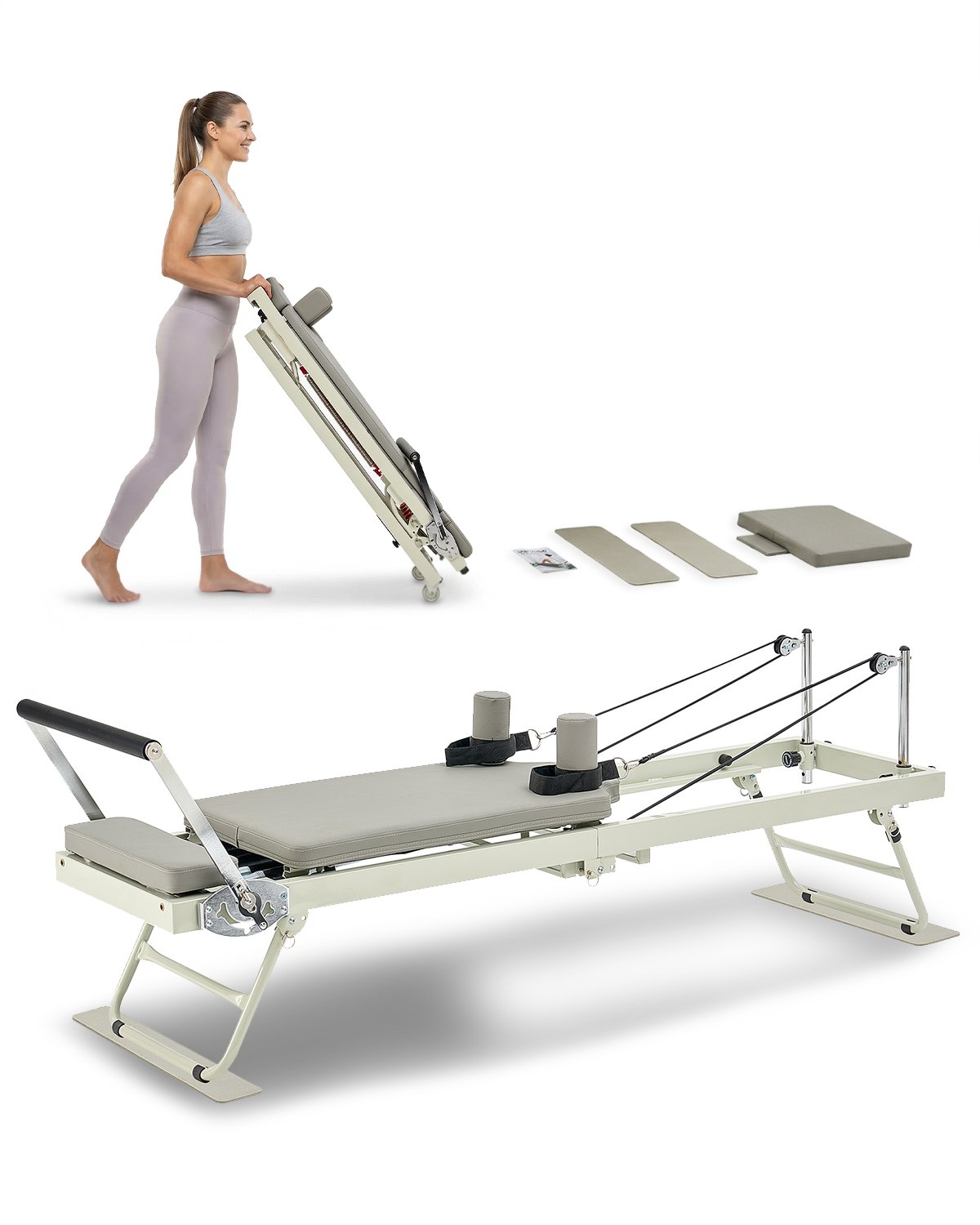VEVOR Reformer de Pilates Plegable Máquina de Pilates para Gimnasio en Casa Equipo de Pilates Doble Resistencia Resorte y Cuerda Reformador para Avanzados Principiantes Hasta 181,4kg, 208x56x72,5 cm