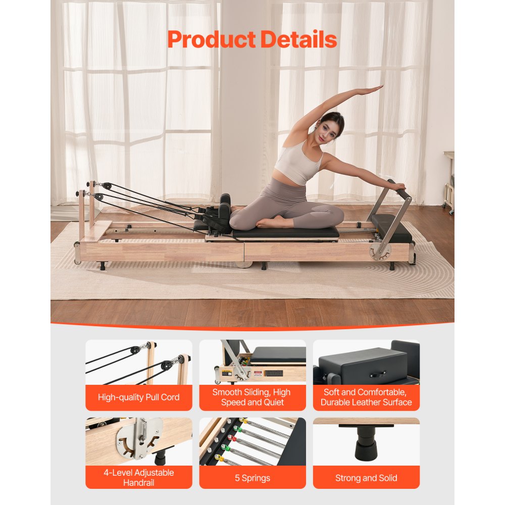 VEVOR Reformer de Pilates de Madera Plegable Máquina de Pilates para Gimnasio Equipo de Pilates Doble Resistencia Resorte y Cuerda Reformador con Caja para Sentarse Hasta 181,4 kg, 252x62x77 cm