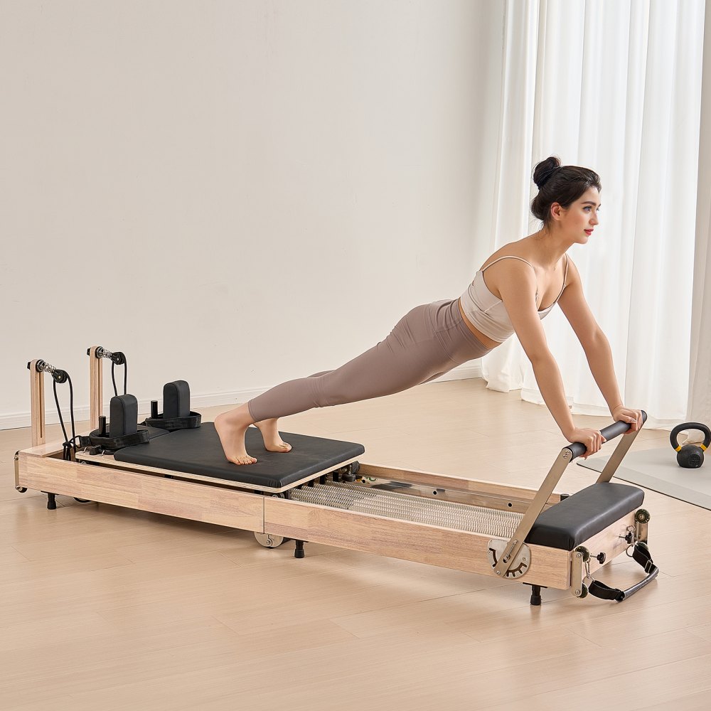 VEVOR Reformer de Pilates de Madera Plegable Máquina de Pilates para Gimnasio Equipo de Pilates Doble Resistencia Resorte y Cuerda Reformador con Caja para Sentarse Hasta 181,4 kg, 252x62x77 cm