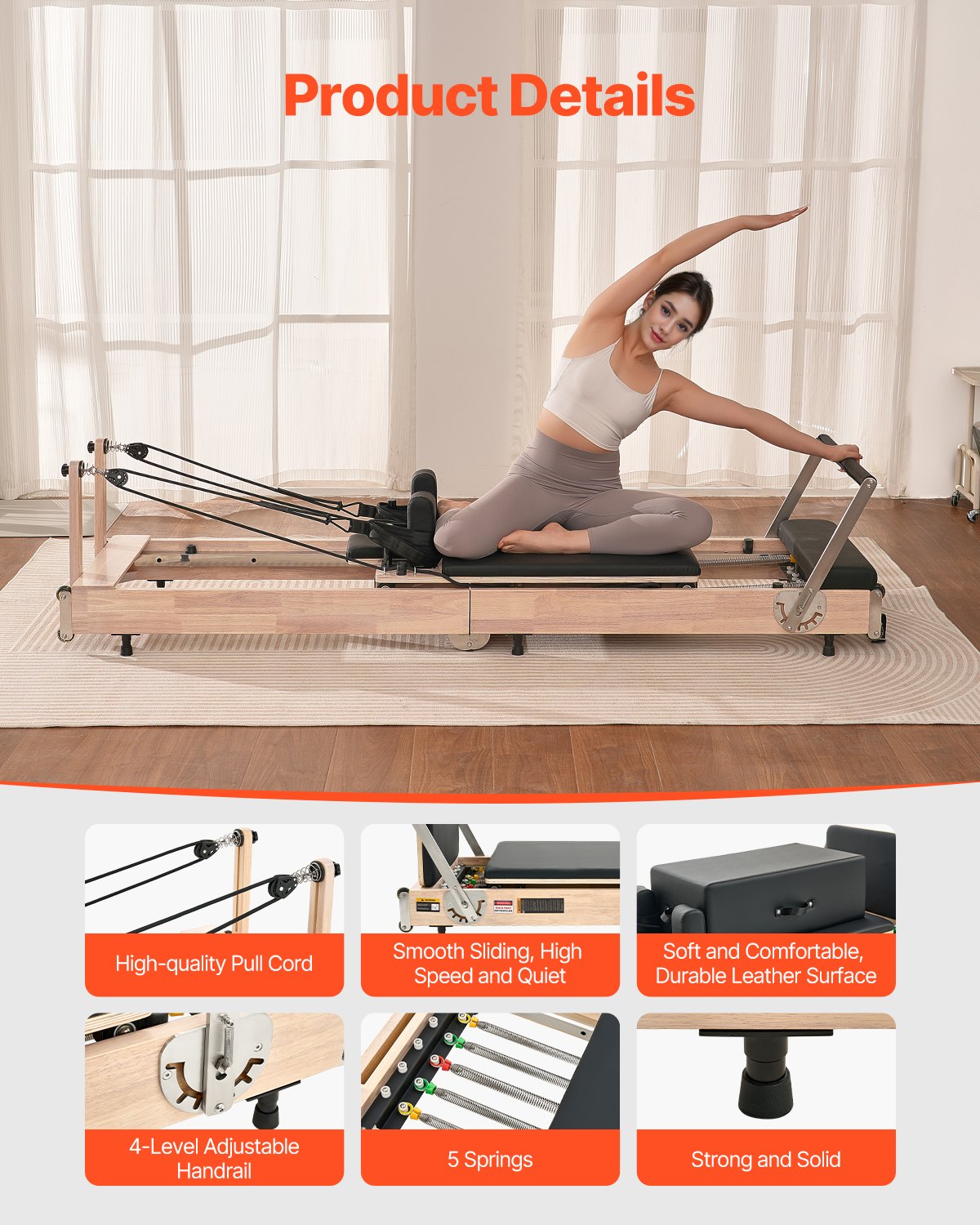 VEVOR Reformer de Pilates de Madera Plegable Máquina de Pilates para Gimnasio Equipo de Pilates Doble Resistencia Resorte y Cuerda Reformador con Caja para Sentarse Hasta 181,4 kg, 252x62x77 cm