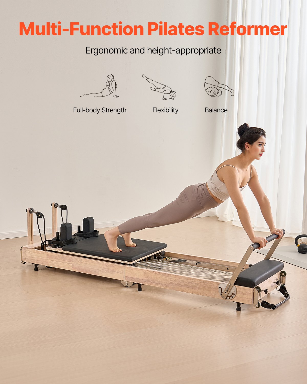 VEVOR Reformer de Pilates de Madera Plegable Máquina de Pilates para Gimnasio Equipo de Pilates Doble Resistencia Resorte y Cuerda Reformador con Caja para Sentarse Hasta 181,4 kg, 252x62x77 cm