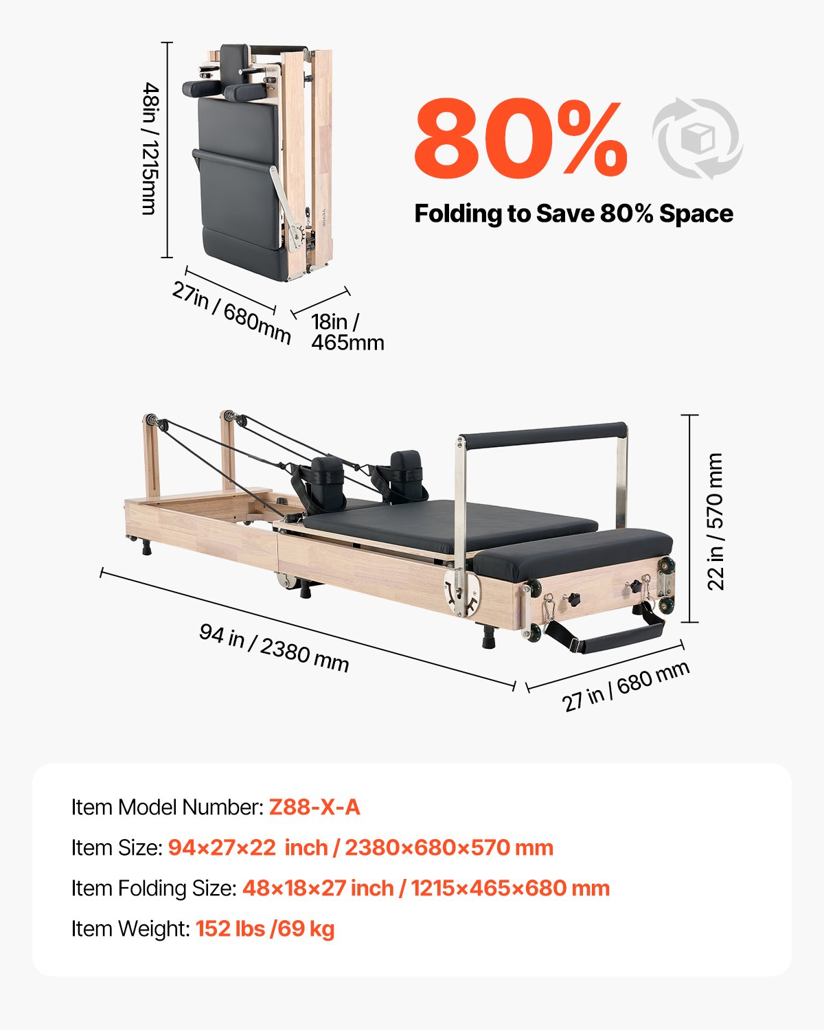 VEVOR Reformer de Pilates de Madera Plegable Máquina de Pilates para Gimnasio Equipo de Pilates Doble Resistencia Resorte y Cuerda Reformador con Caja para Sentarse Hasta 181,4 kg, 252x62x77 cm