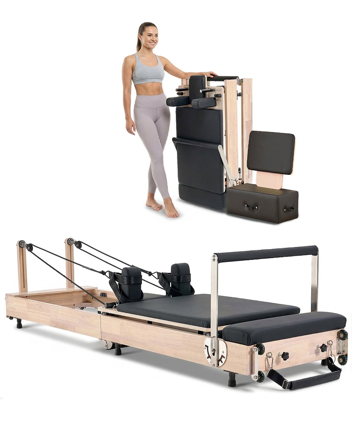 VEVOR Reformer de Pilates de Madera Plegable Máquina de Pilates para Gimnasio Equipo de Pilates Doble Resistencia Resorte y Cuerda Reformador con Caja para Sentarse Hasta 181,4 kg, 252x62x77 cm