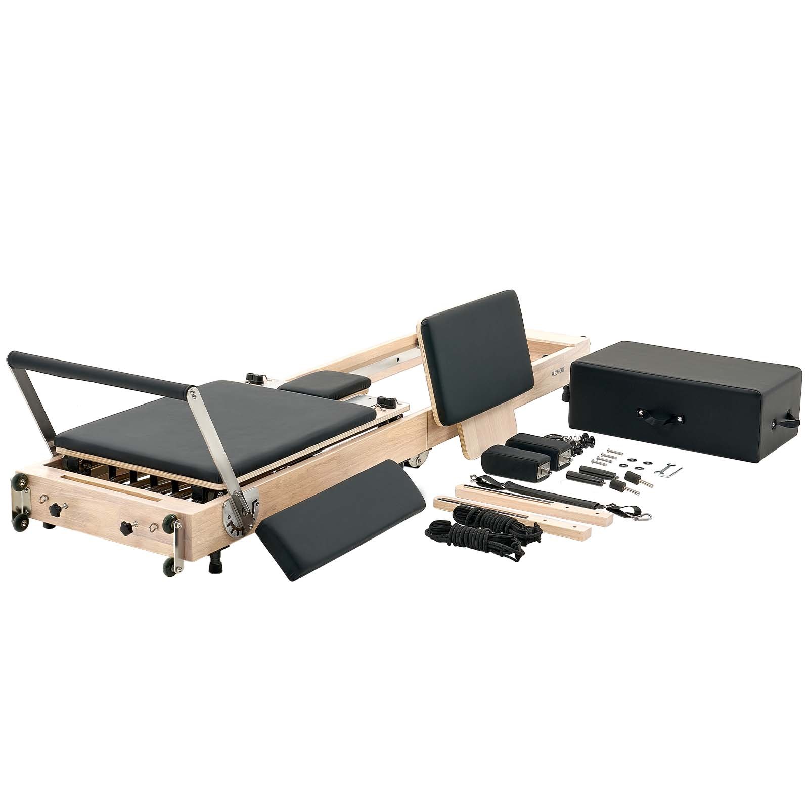 VEVOR Reformer de Pilates de Madera Plegable Máquina de Pilates para Gimnasio Equipo de Pilates Doble Resistencia Resorte y Cuerda Reformador con Caja para Sentarse Hasta 181,4 kg, 252x62x77 cm
