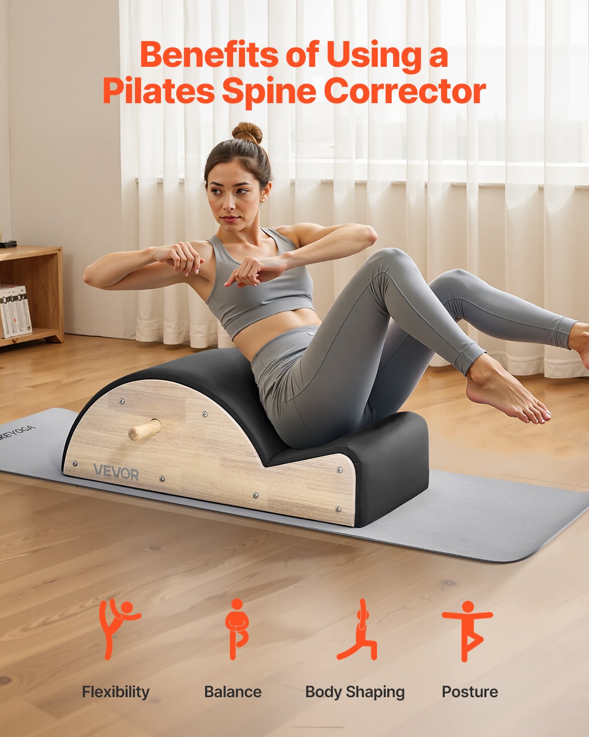 VEVOR Corrector de Columna Pilates, Accesorio de Yoga y Pilates para Gimnasio en Casa, Madera Caucho, para Ejercicios de Columna, Equilibrio, Fortalecimiento del Core, 930 x 420 x (800) x 330 mm