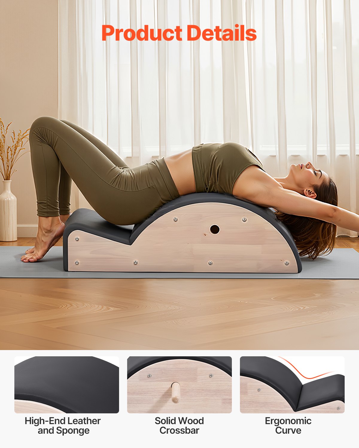 VEVOR Corrector de Columna Pilates, Accesorio de Yoga y Pilates para Gimnasio en Casa, Madera Caucho, para Ejercicios de Columna, Equilibrio, Fortalecimiento del Core, 930 x 420 x (800) x 330 mm