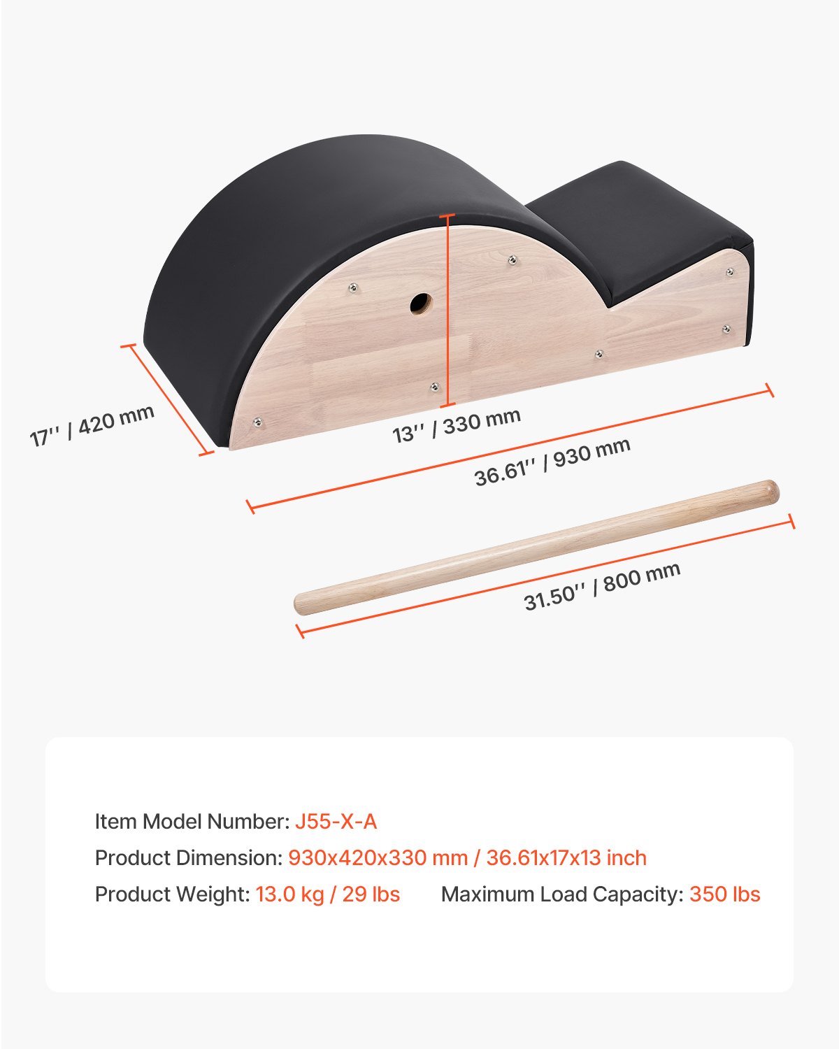 VEVOR Corrector de Columna Pilates, Accesorio de Yoga y Pilates para Gimnasio en Casa, Madera Caucho, para Ejercicios de Columna, Equilibrio, Fortalecimiento del Core, 930 x 420 x (800) x 330 mm