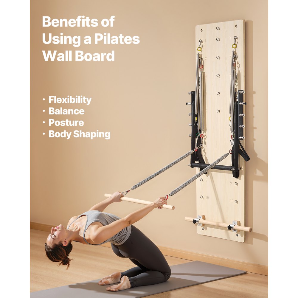 VEVOR Máquina de Pilates Reformer de Pared, Trampolín de Pilates de Madera de Arce, con Resortes de Resistencia, para Flexibilidad y Equilibrio en Gimnasio en Casa, 1830 x 560 x (800) x 620 mm