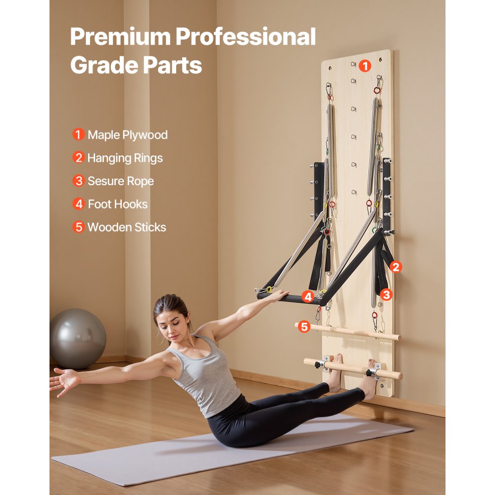 VEVOR Máquina de Pilates Reformer de Pared, Trampolín de Pilates de Madera de Arce, con Resortes de Resistencia, para Flexibilidad y Equilibrio en Gimnasio en Casa, 1830 x 560 x (800) x 620 mm