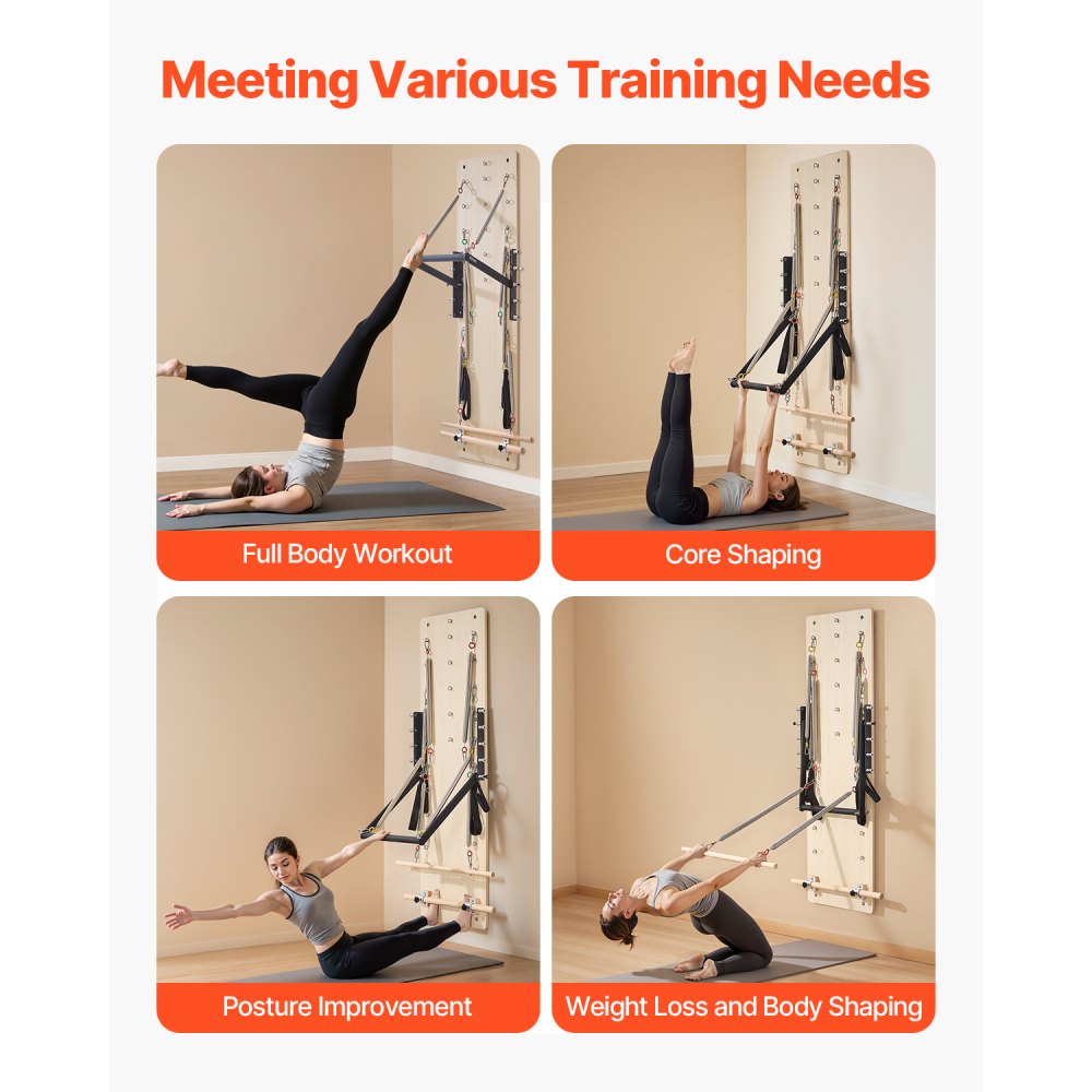 VEVOR Máquina de Pilates Reformer de Pared, Trampolín de Pilates de Madera de Arce, con Resortes de Resistencia, para Flexibilidad y Equilibrio en Gimnasio en Casa, 1830 x 560 x (800) x 620 mm