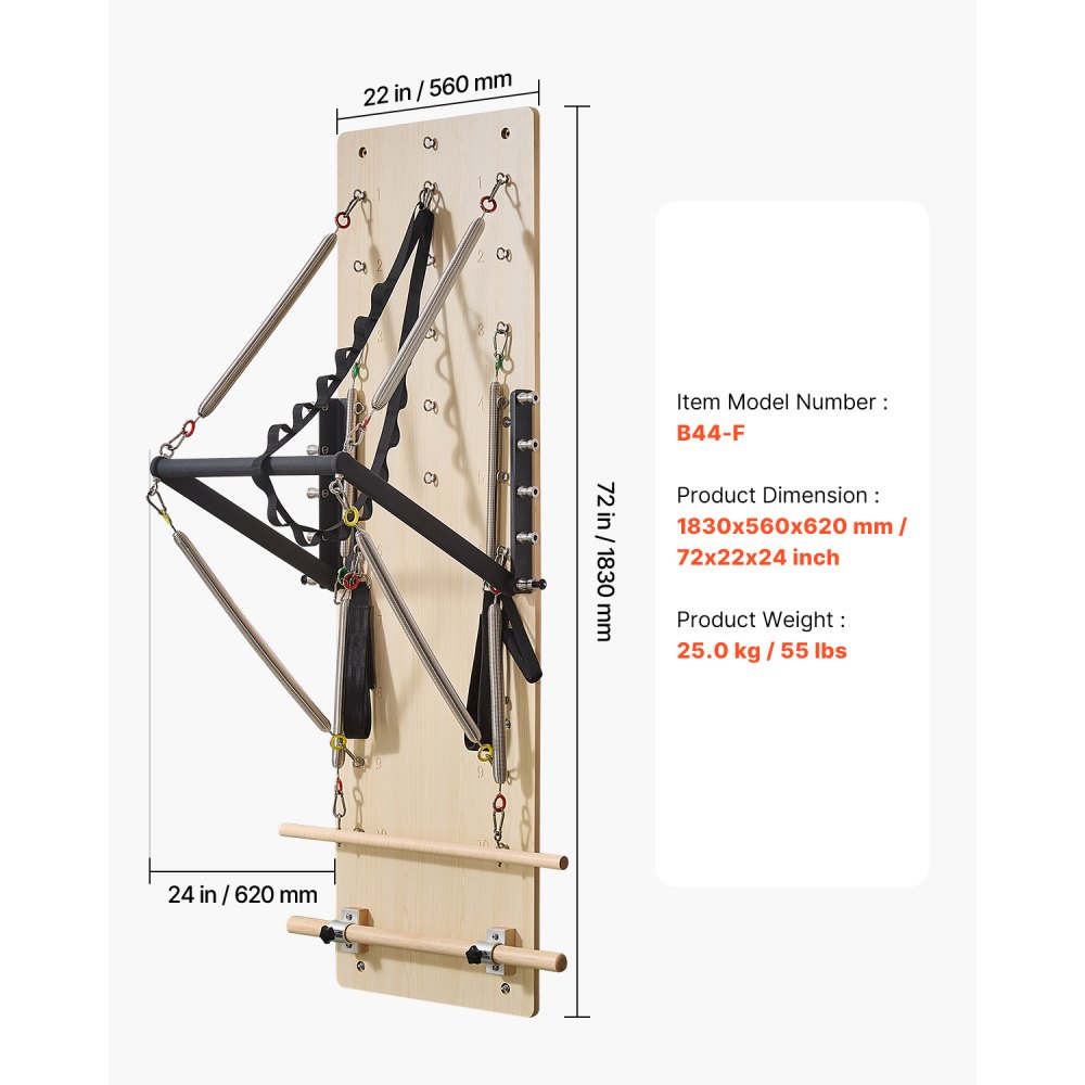 VEVOR Máquina de Pilates Reformer de Pared, Trampolín de Pilates de Madera de Arce, con Resortes de Resistencia, para Flexibilidad y Equilibrio en Gimnasio en Casa, 1830 x 560 x (800) x 620 mm