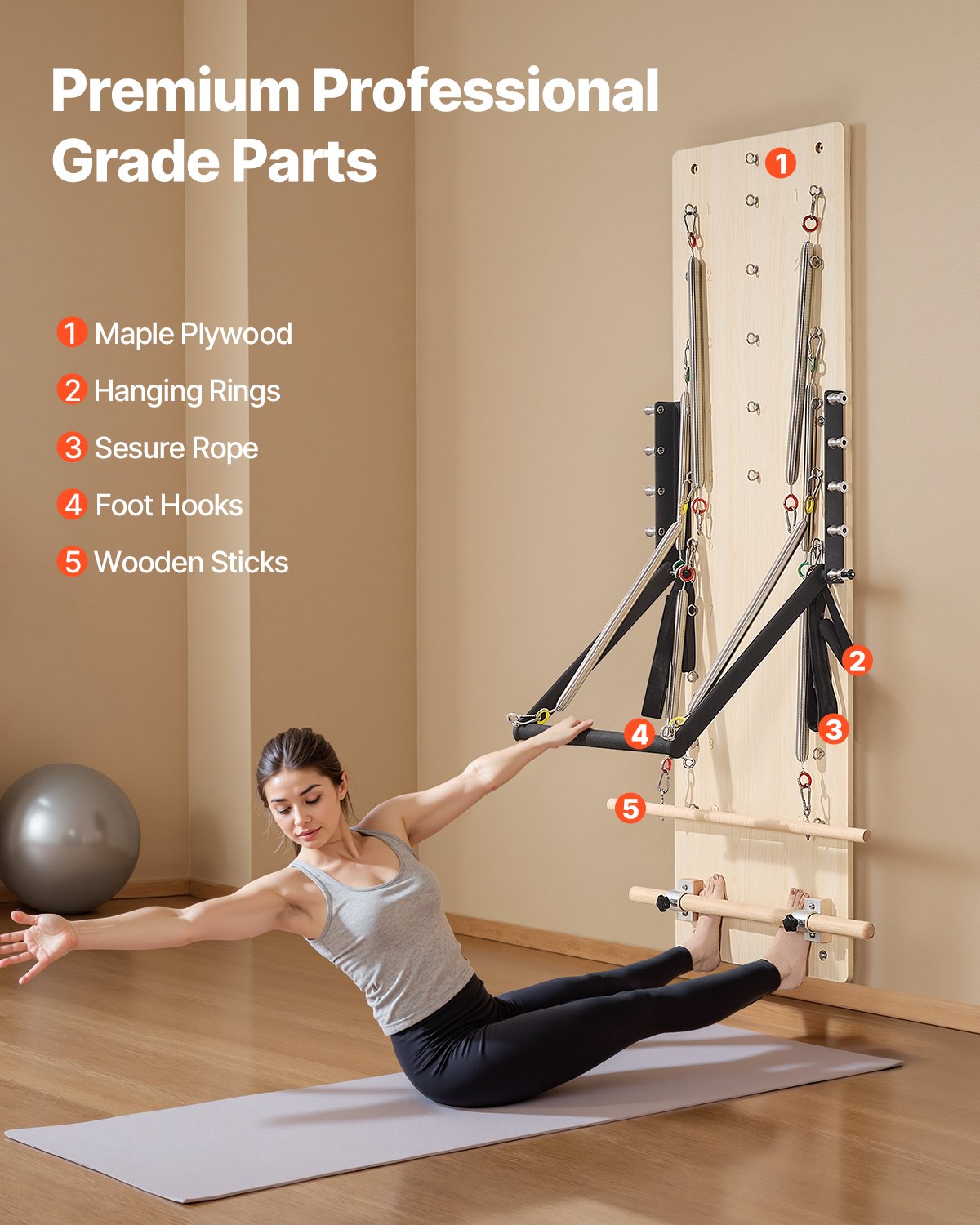 VEVOR Máquina de Pilates Reformer de Pared, Trampolín de Pilates de Madera de Arce, con Resortes de Resistencia, para Flexibilidad y Equilibrio en Gimnasio en Casa, 1830 x 560 x (800) x 620 mm
