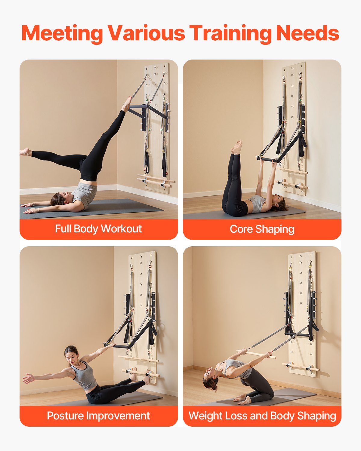 VEVOR Máquina de Pilates Reformer de Pared, Trampolín de Pilates de Madera de Arce, con Resortes de Resistencia, para Flexibilidad y Equilibrio en Gimnasio en Casa, 1830 x 560 x (800) x 620 mm