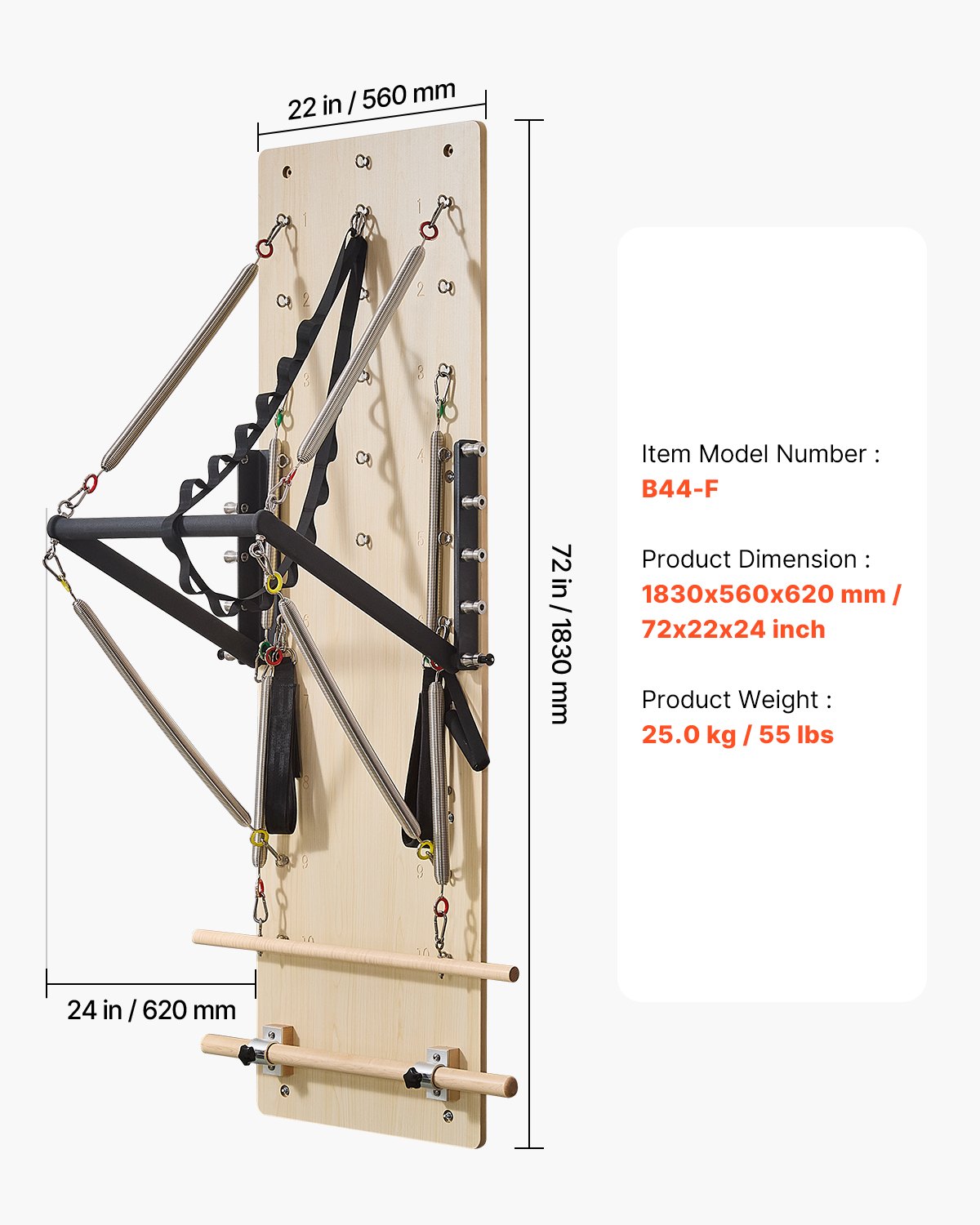 VEVOR Máquina de Pilates Reformer de Pared, Trampolín de Pilates de Madera de Arce, con Resortes de Resistencia, para Flexibilidad y Equilibrio en Gimnasio en Casa, 1830 x 560 x (800) x 620 mm