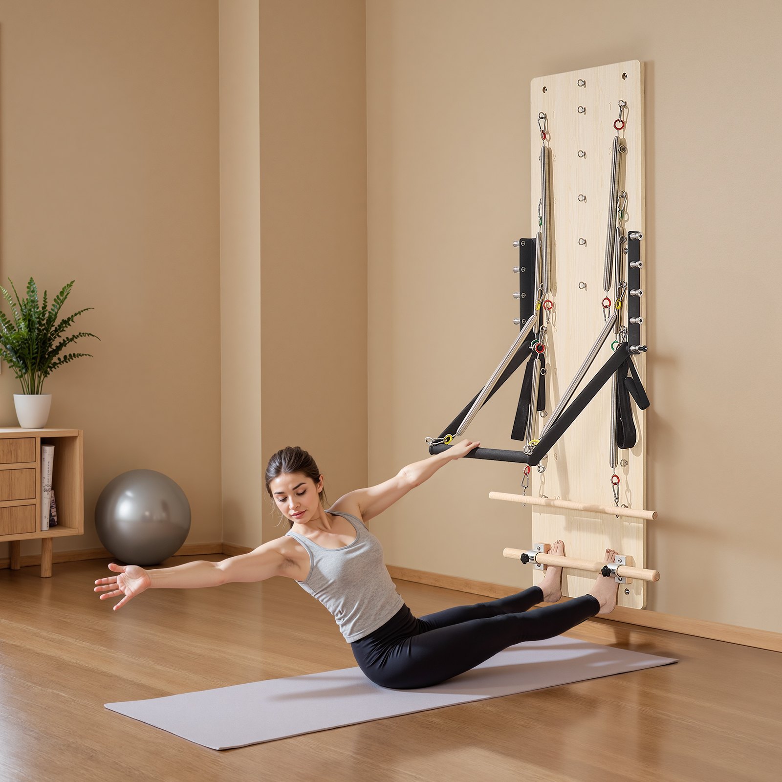 VEVOR Máquina de Pilates Reformer de Pared, Trampolín de Pilates de Madera de Arce, con Resortes de Resistencia, para Flexibilidad y Equilibrio en Gimnasio en Casa, 1830 x 560 x (800) x 620 mm
