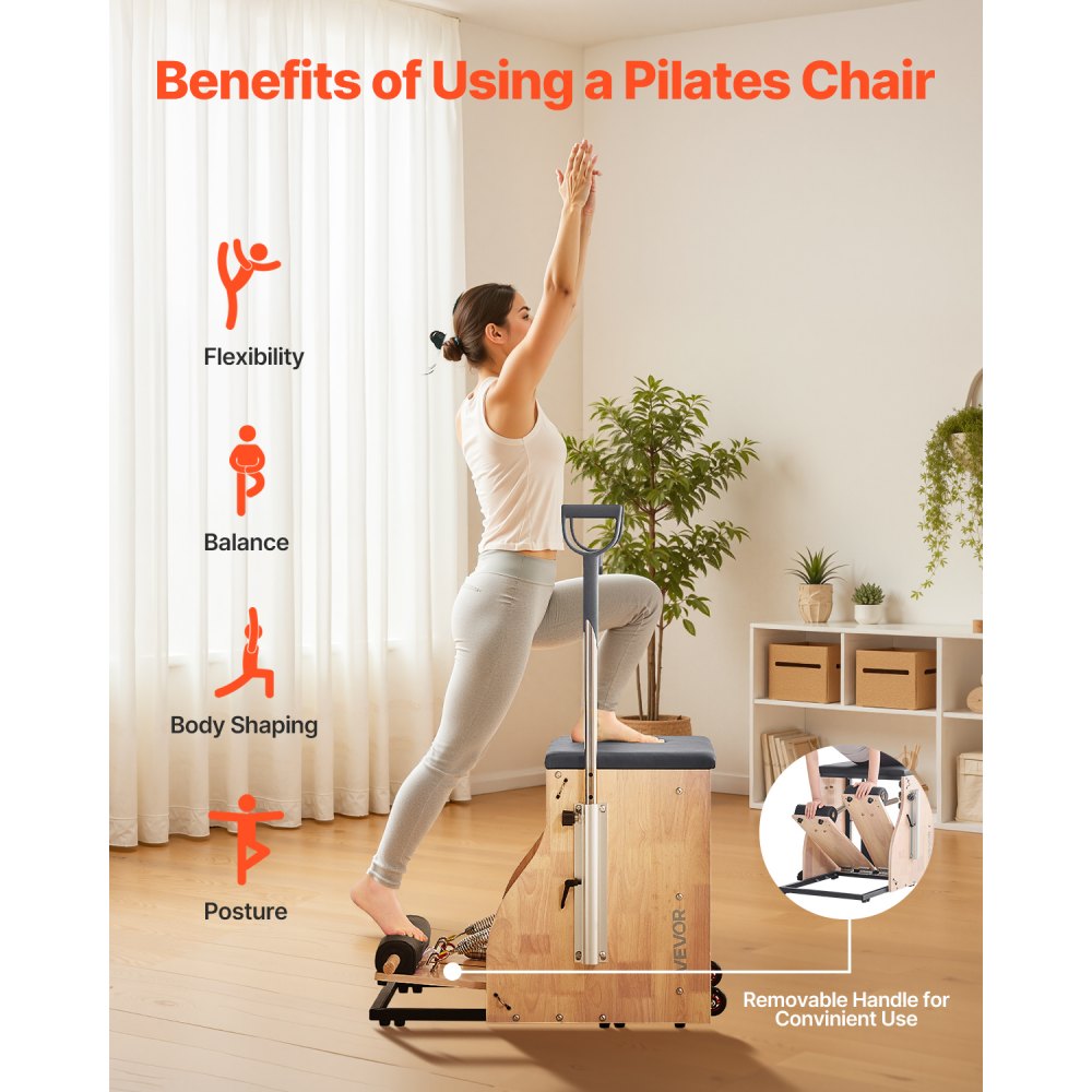 VEVOR Silla de Pilates, Combinación de Pedales Divididos y Estabilidad con Asas, Estructura de Madera Caucho, Equipo de Fitness para Yoga, Gimnasios en Casa y Estudios. 840 x 540 x (730) x 630 mm