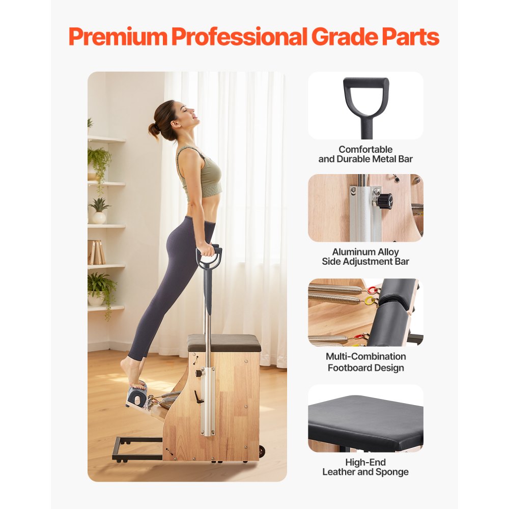 VEVOR Silla de Pilates, Combinación de Pedales Divididos y Estabilidad con Asas, Estructura de Madera Caucho, Equipo de Fitness para Yoga, Gimnasios en Casa y Estudios. 840 x 540 x (730) x 630 mm