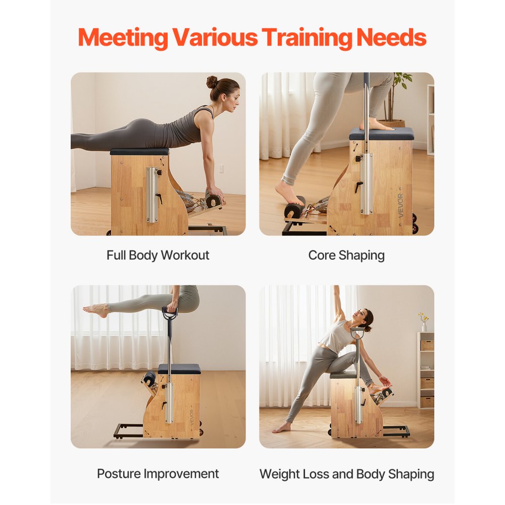 VEVOR Silla de Pilates, Combinación de Pedales Divididos y Estabilidad con Asas, Estructura de Madera Caucho, Equipo de Fitness para Yoga, Gimnasios en Casa y Estudios. 840 x 540 x (730) x 630 mm