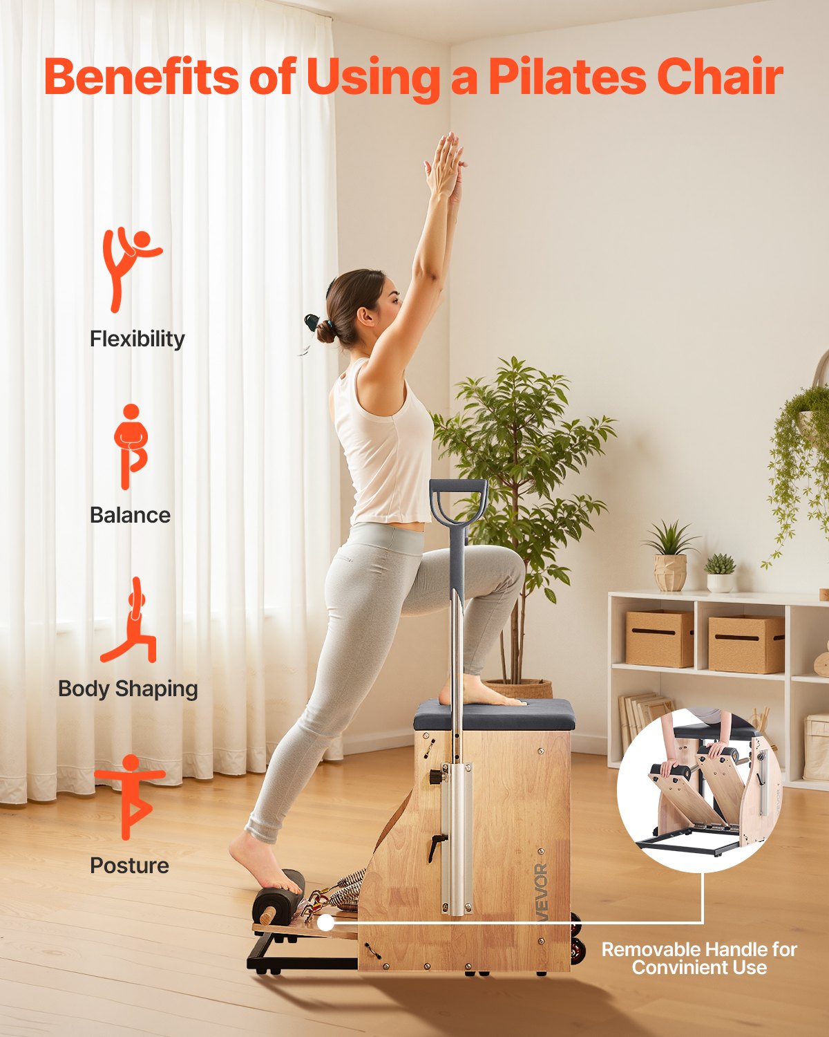 VEVOR Silla de Pilates, Combinación de Pedales Divididos y Estabilidad con Asas, Estructura de Madera Caucho, Equipo de Fitness para Yoga, Gimnasios en Casa y Estudios. 840 x 540 x (730) x 630 mm