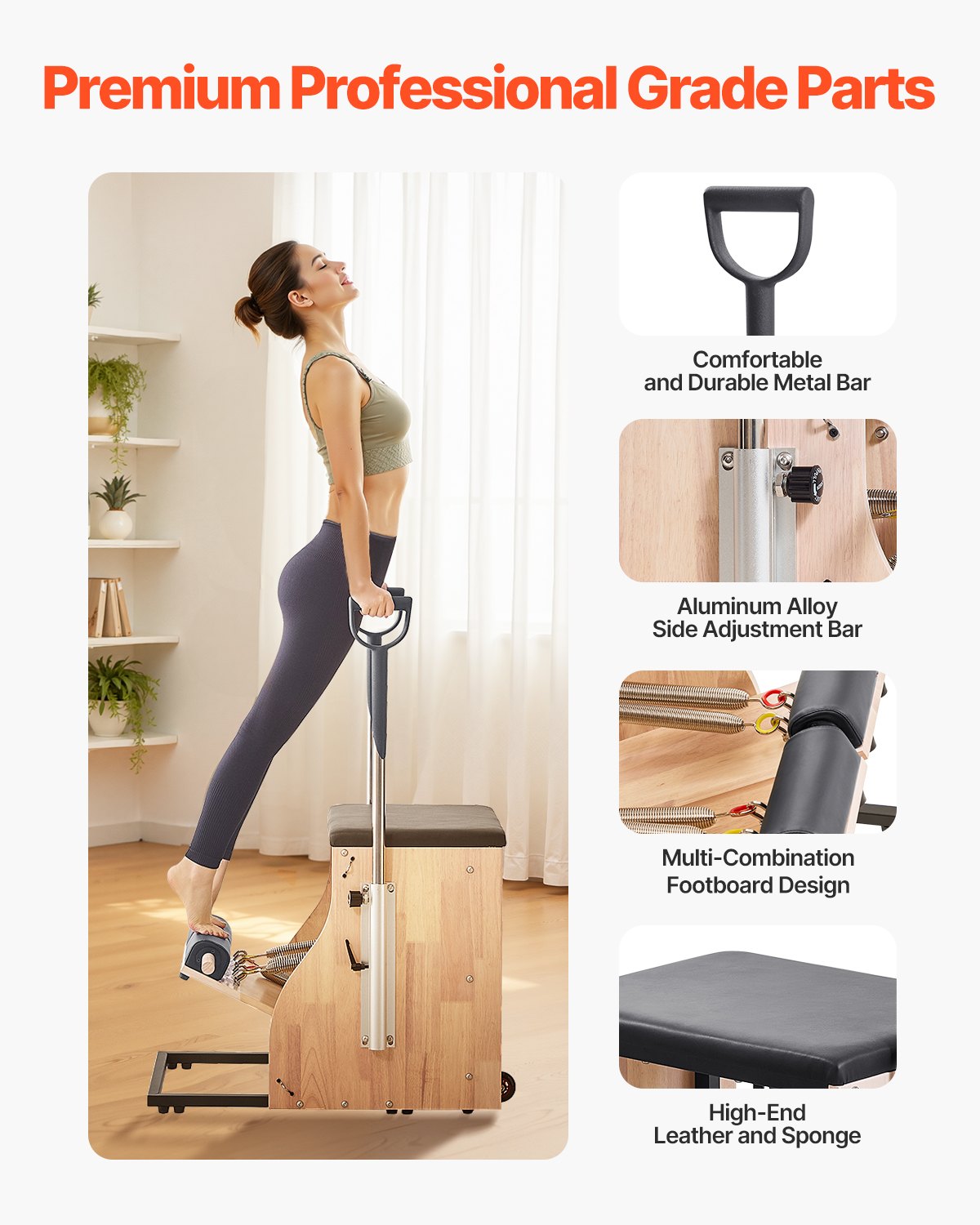 VEVOR Silla de Pilates, Combinación de Pedales Divididos y Estabilidad con Asas, Estructura de Madera Caucho, Equipo de Fitness para Yoga, Gimnasios en Casa y Estudios. 840 x 540 x (730) x 630 mm