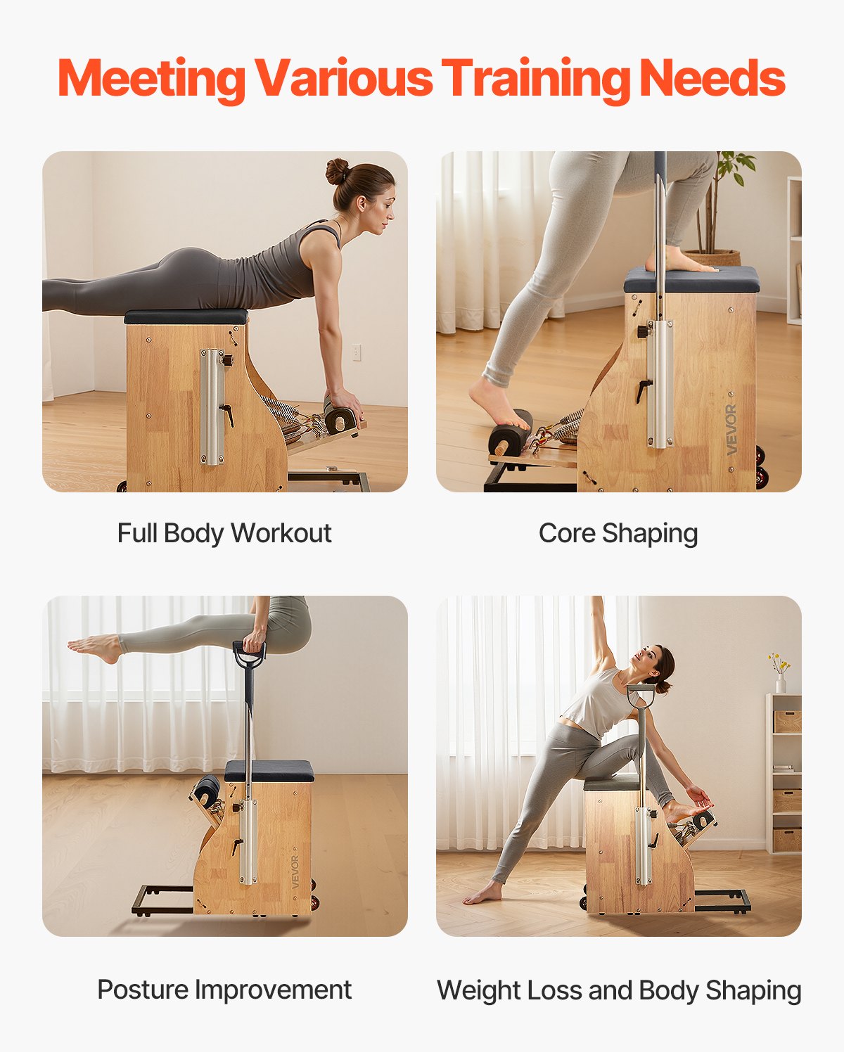 VEVOR Silla de Pilates, Combinación de Pedales Divididos y Estabilidad con Asas, Estructura de Madera Caucho, Equipo de Fitness para Yoga, Gimnasios en Casa y Estudios. 840 x 540 x (730) x 630 mm