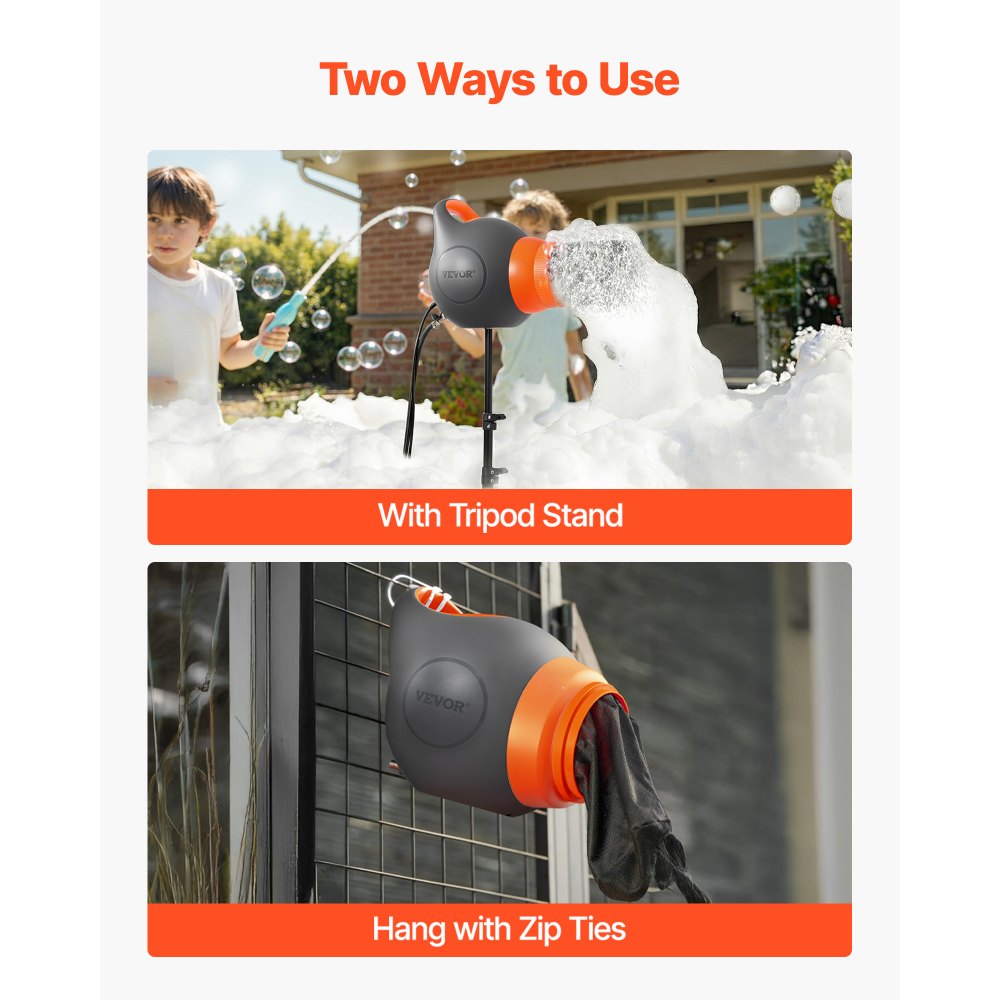 VEVOR Máquina de Espuma con Efecto de Escenario 115 W, Cañón de Burbujas para Fiestas, con Soporte de Trípode Telescópico, para Eventos Celebraciones Cumpleaños en Piscinas Jardines, Gris y Naranja