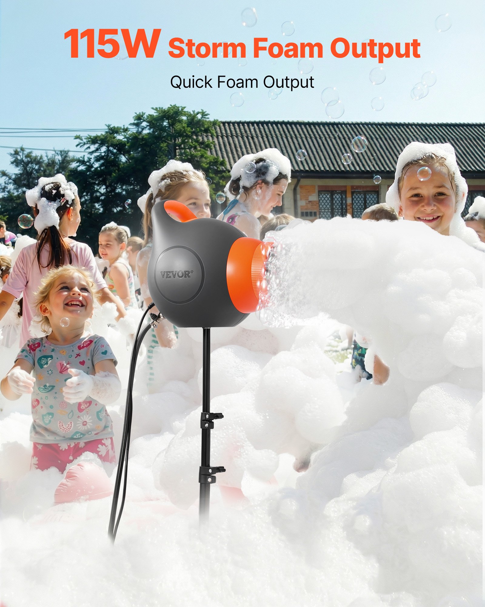 VEVOR Máquina de Espuma con Efecto de Escenario 115 W, Cañón de Burbujas para Fiestas, con Soporte de Trípode Telescópico, para Eventos Celebraciones Cumpleaños en Piscinas Jardines, Gris y Naranja
